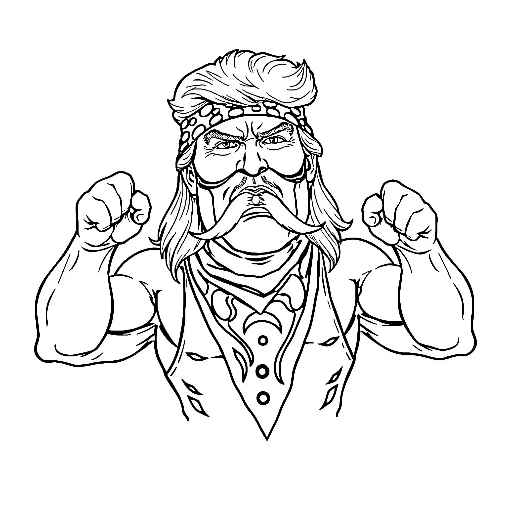Trump flexing muscles in defiant pose Coloring Page (free black-and-white line drawing printable PDF for all, from beginners to advanced learners, including children, teens, adults, and seniors)