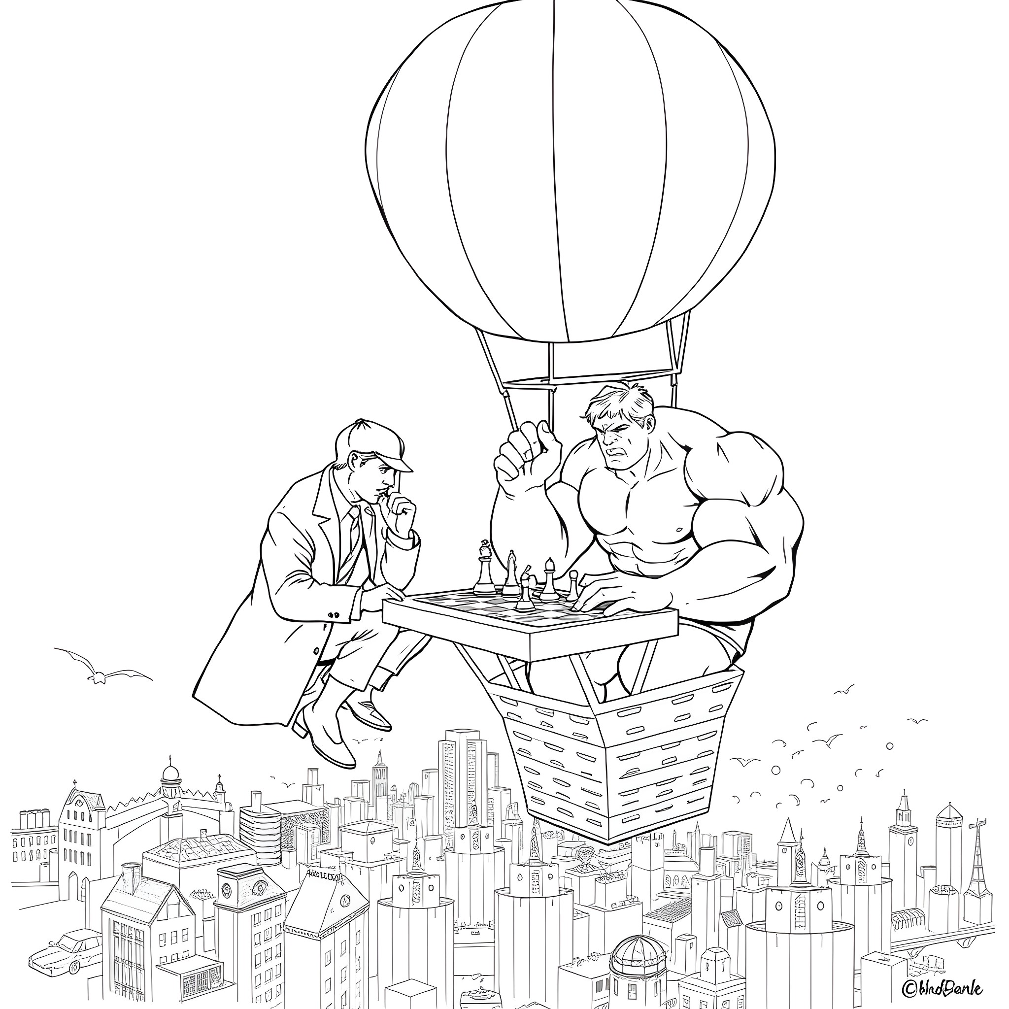 Sherlock Holmes and the Strong Man Duel Chess Match in the Skies Coloring Page (free black-and-white line drawing printable PDF for all, from beginners to advanced learners, including children, teens, adults, and seniors)