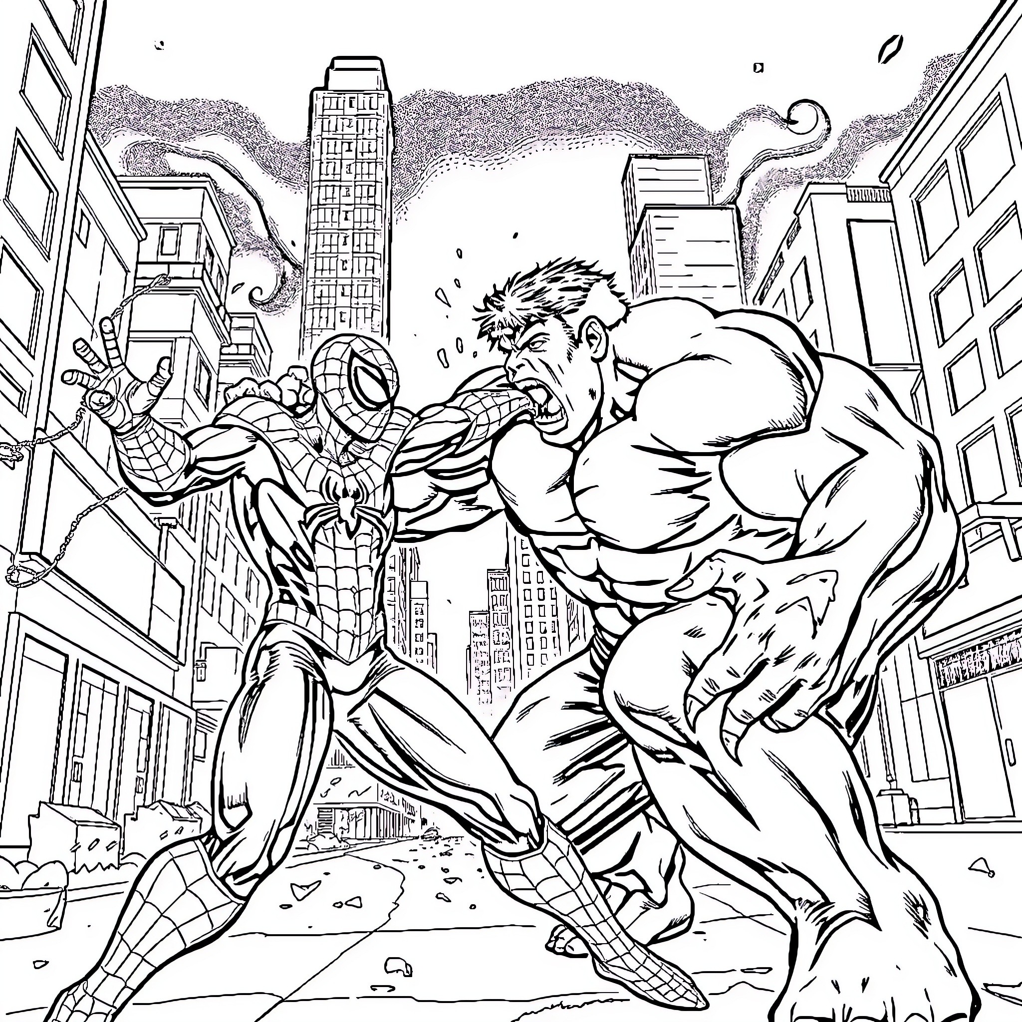 Hulk battles Spider-Man in the city streets Coloring Page (free black-and-white line drawing printable PDF for all, from beginners to advanced learners, including children, teens, adults, and seniors)