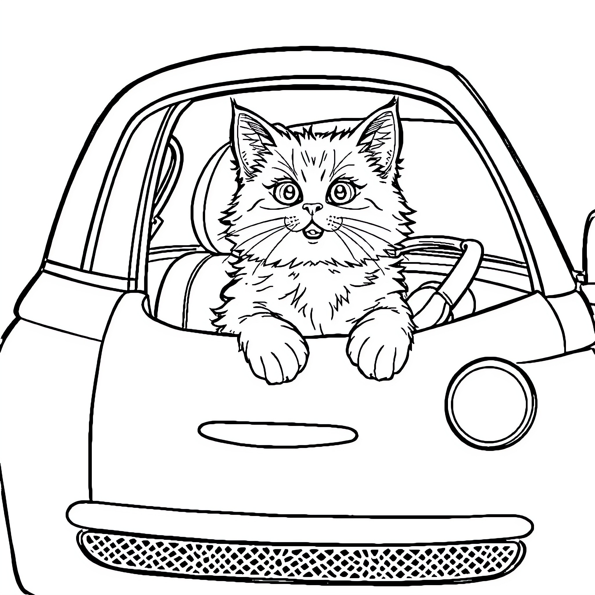 Cat peeking out from car window Coloring Page (free black-and-white line drawing printable PDF for all, from beginners to advanced learners, including children, teens, adults, and seniors)