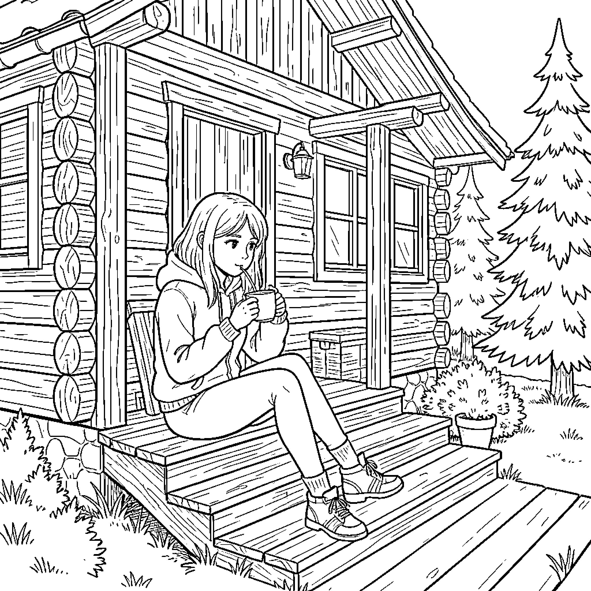 Fille sitting on cabin steps drinking a warm beverage Coloring Page (free black-and-white line drawing printable PDF for all, from beginners to advanced learners, including children, teens, adults, and seniors)