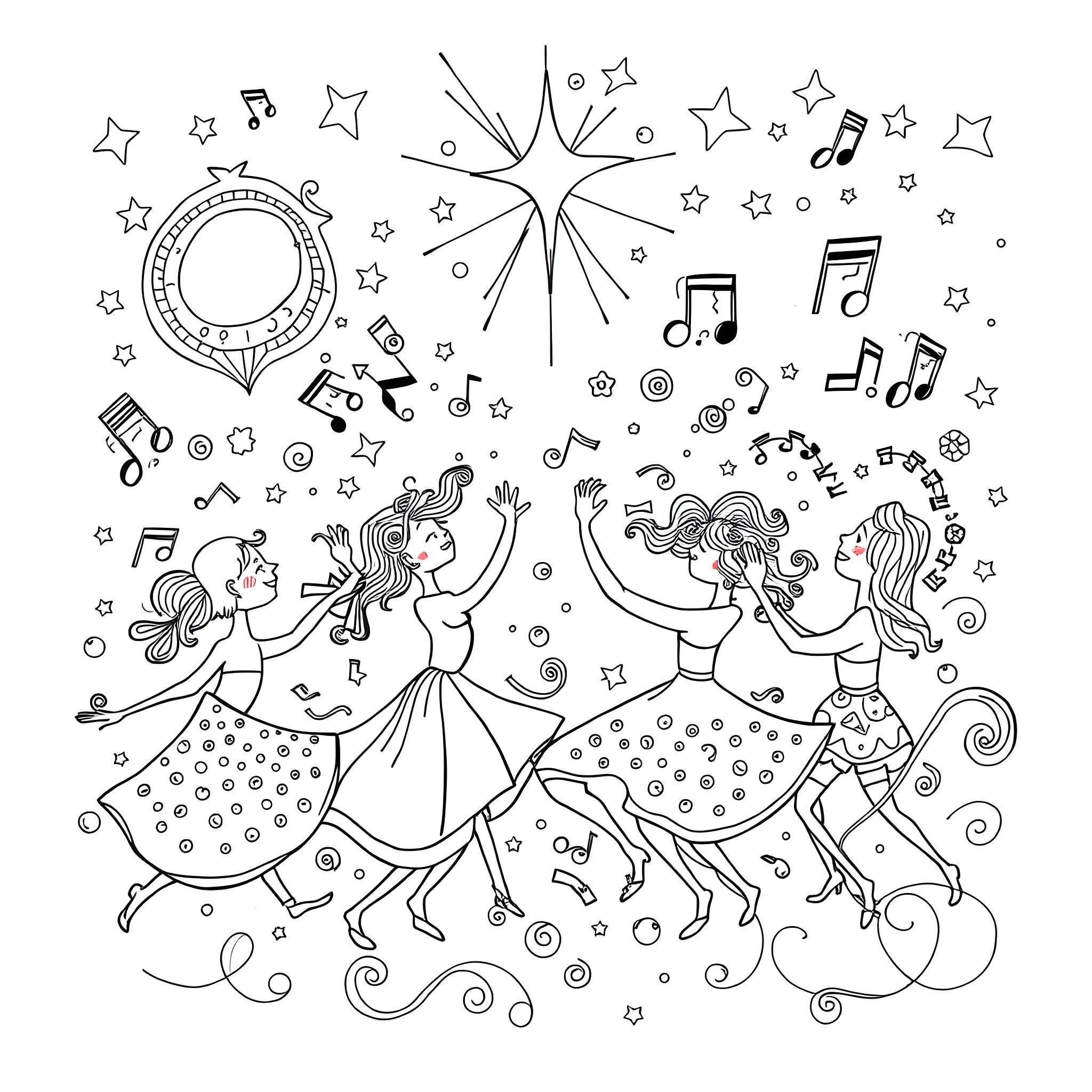 Funkadelics: Lively Musical Celebration with Whimsical Dancers Coloring Page (free black-and-white line drawing printable PDF for all, from beginners to advanced learners, including children, teens, adults, and seniors)