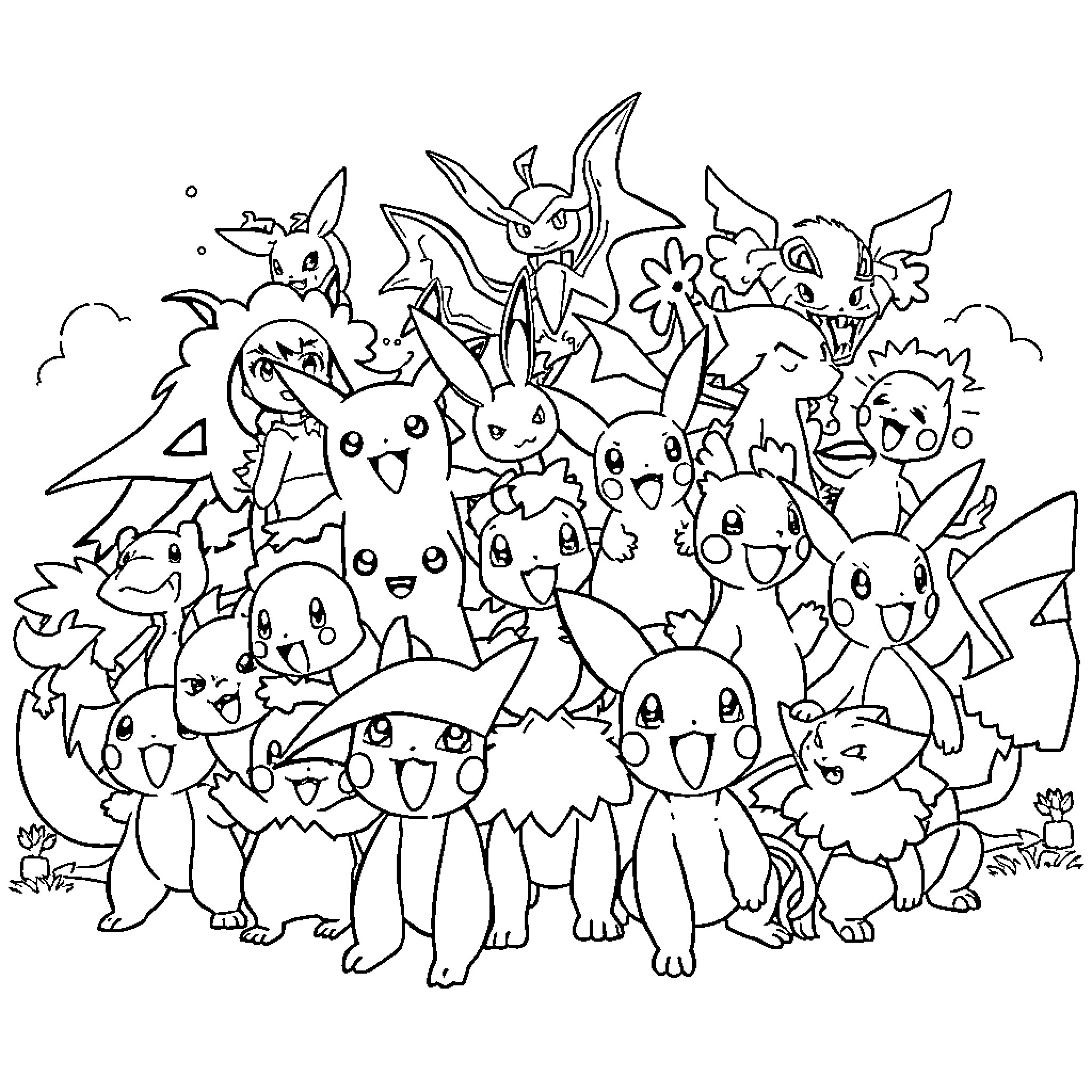 Pokémon characters gathered together in a group Coloring Page (free black-and-white line drawing printable PDF for all, from beginners to advanced learners, including children, teens, adults, and seniors)