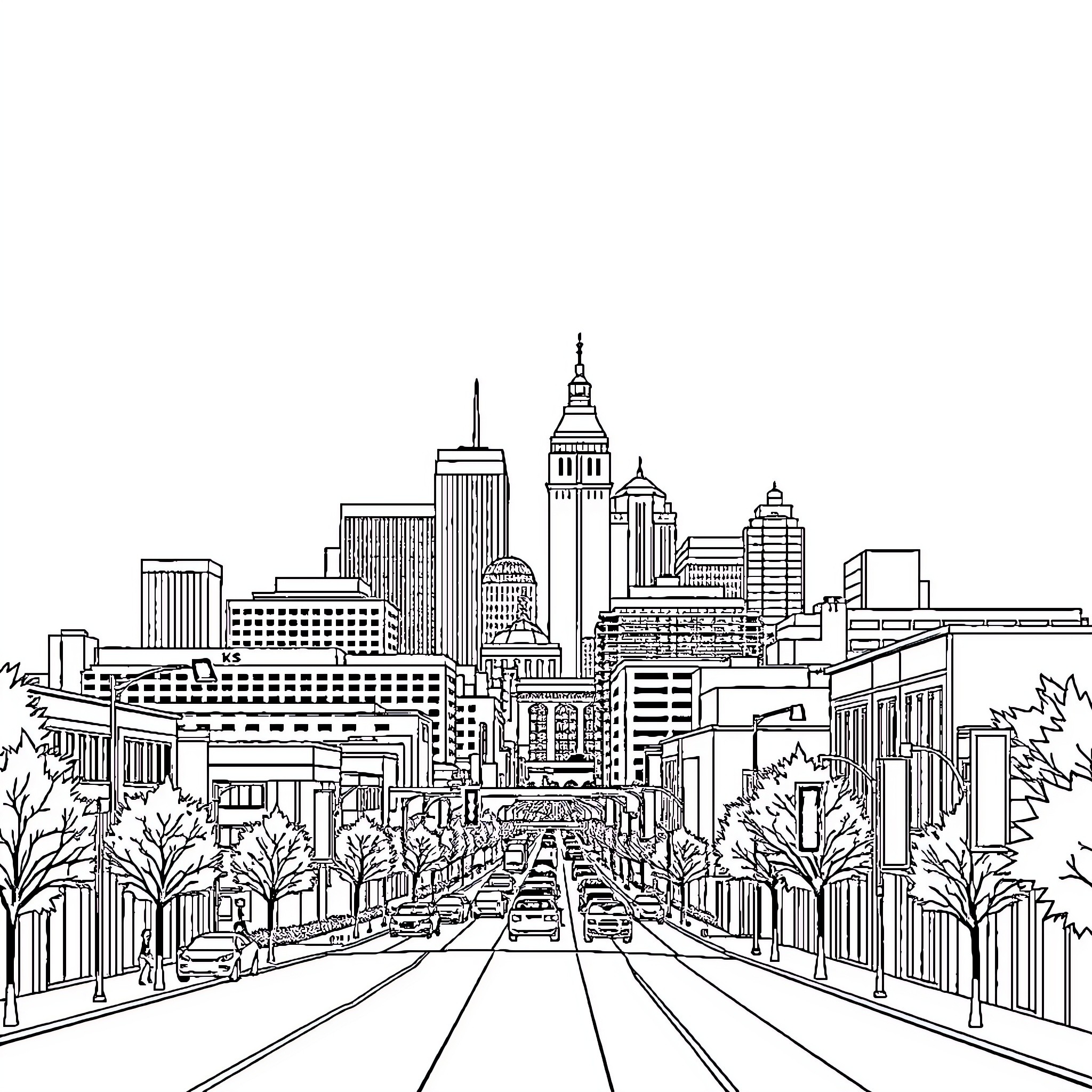 Kansas City urban cityscape with skyscrapers and streets Coloring Page (free black-and-white line drawing printable PDF for all, from beginners to advanced learners, including children, teens, adults, and seniors)