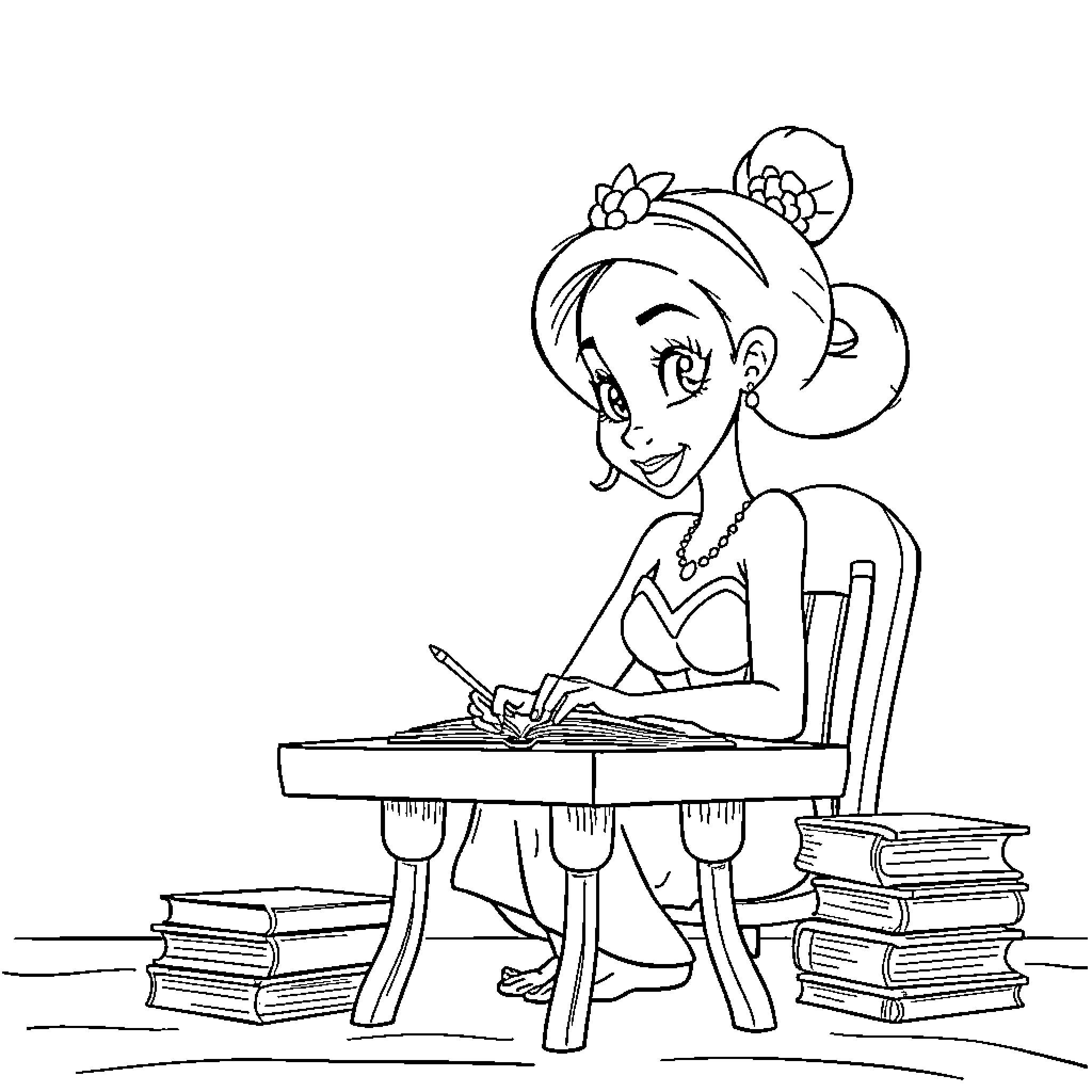 Tiana studying diligently at her desk Coloring Page (free black-and-white line drawing printable PDF for all, from beginners to advanced learners, including children, teens, adults, and seniors)