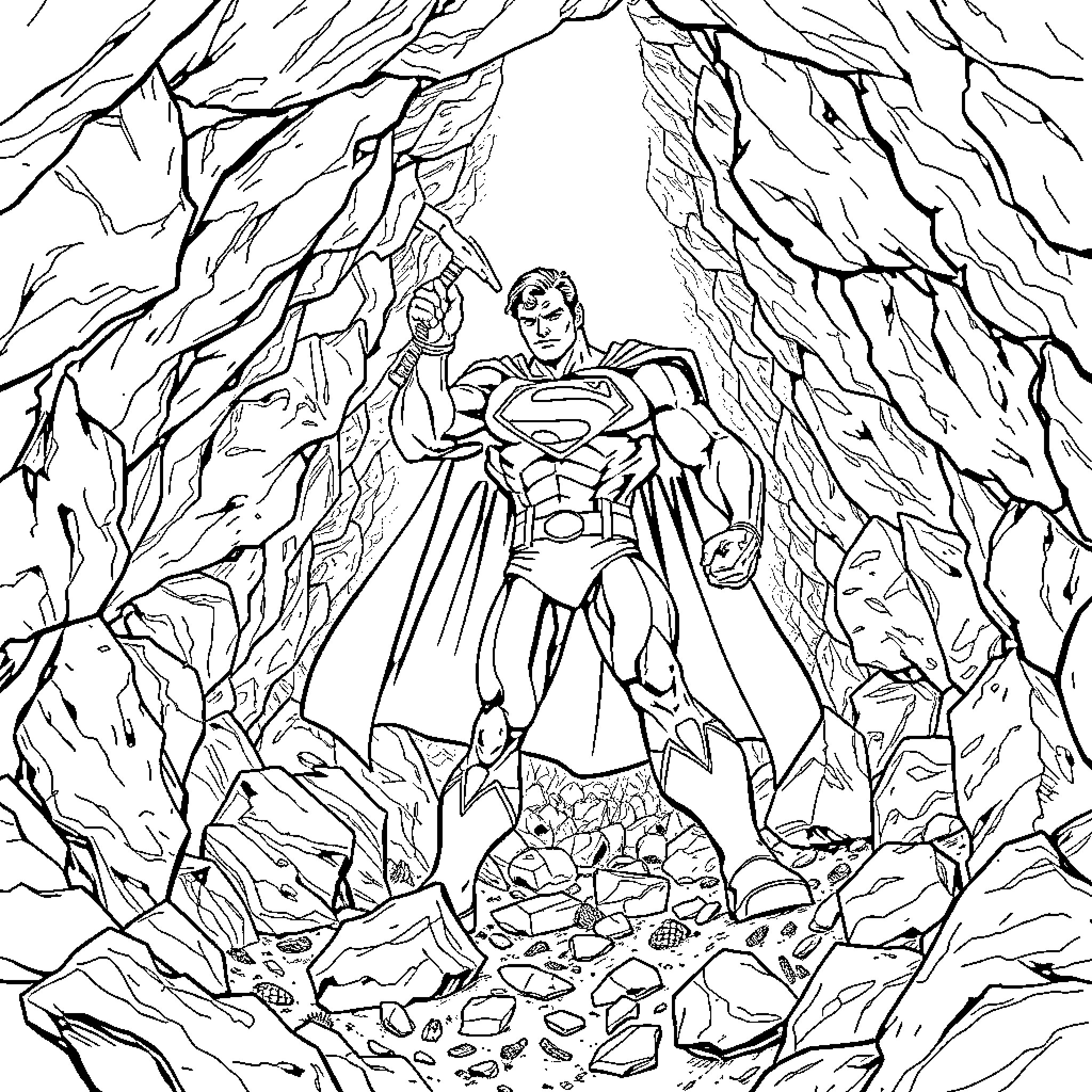 Superman breaking through rocky terrain Coloring Page (free black-and-white line drawing printable PDF for all, from beginners to advanced learners, including children, teens, adults, and seniors)