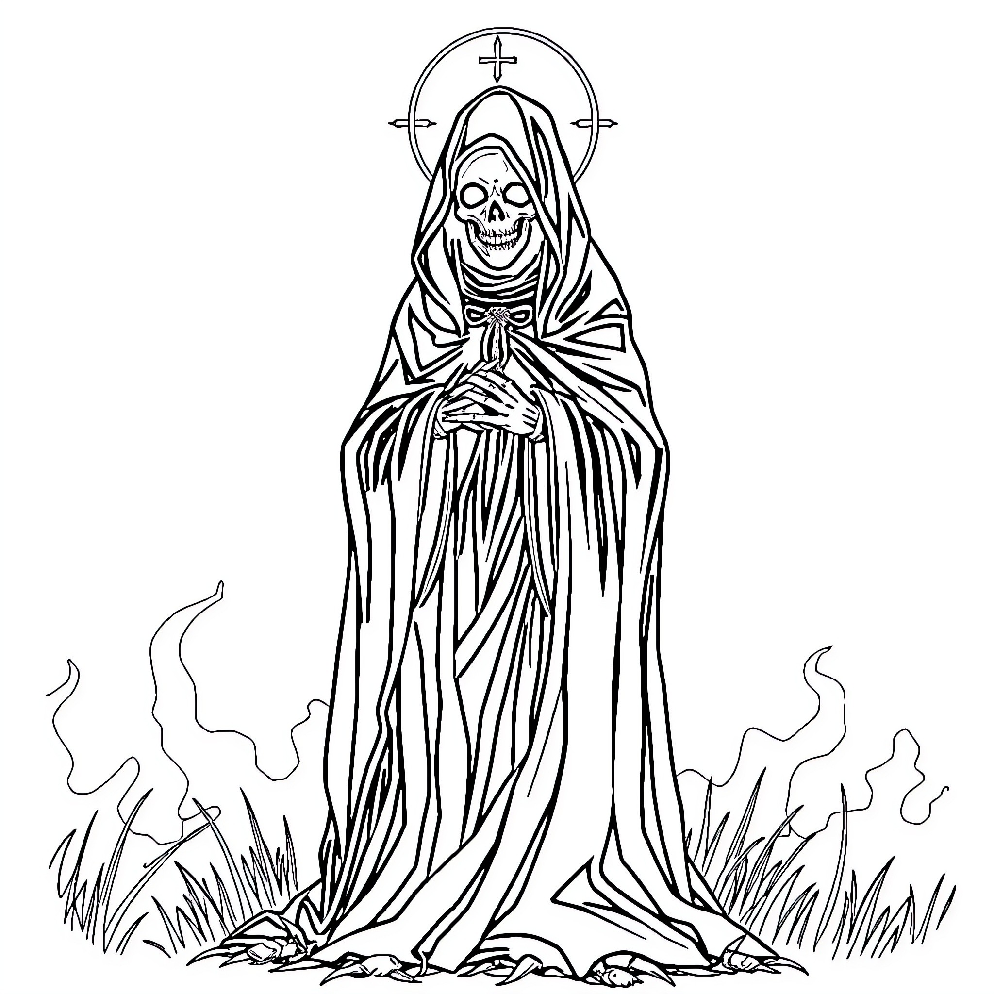 Santa Muerte figure in skeletal robes and shroud Coloring Page (free black-and-white line drawing printable PDF for all, from beginners to advanced learners, including children, teens, adults, and seniors)