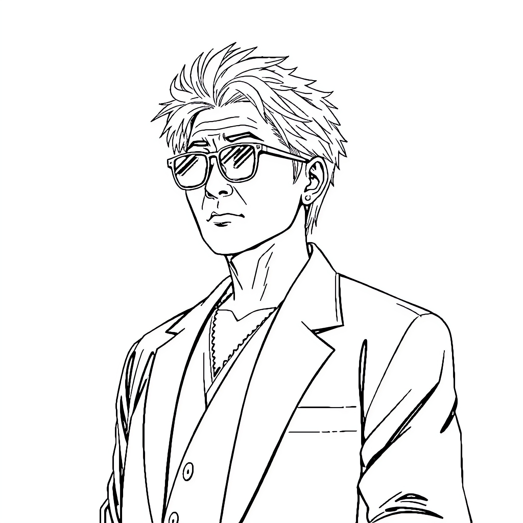 Satoru Gojo in formal attire with serious expression Coloring Page (free black-and-white line drawing printable PDF for all, from beginners to advanced learners, including children, teens, adults, and seniors)