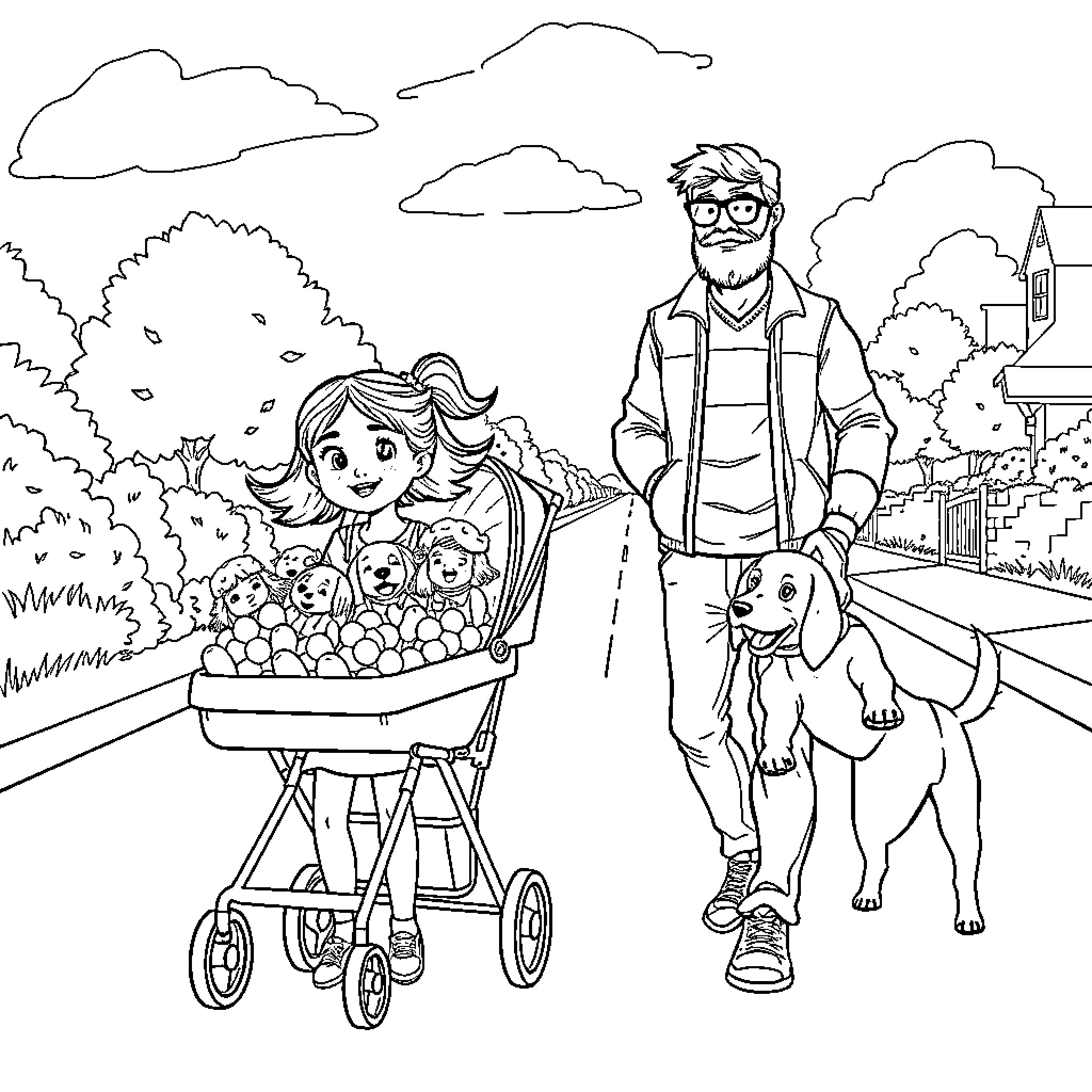 Girl enjoys stroll with pets and family in the park Coloring Page (free black-and-white line drawing printable PDF for all, from beginners to advanced learners, including children, teens, adults, and seniors)