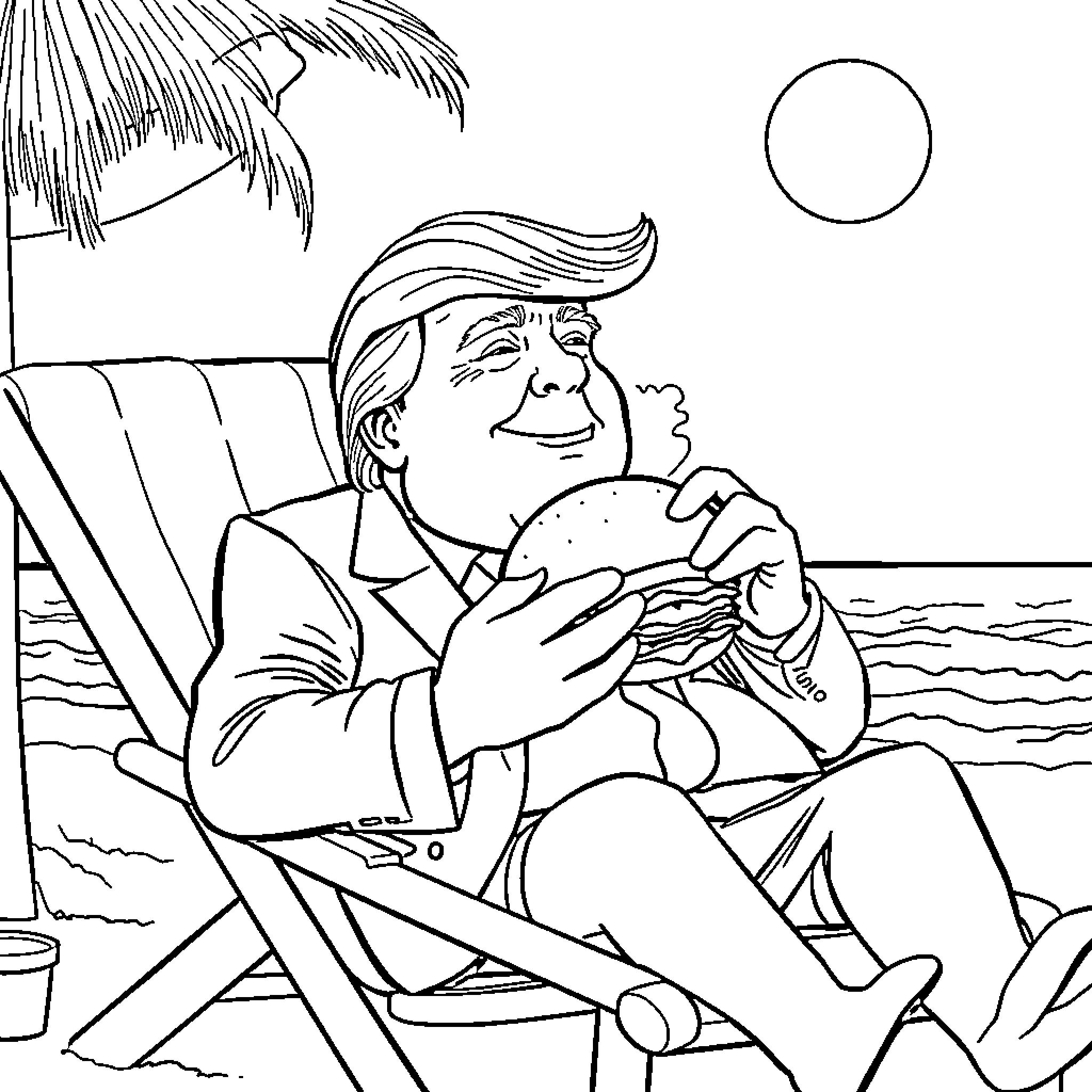 Donald Trump relaxing on the beach with a hamburger Coloring Page (free black-and-white line drawing printable PDF for all, from beginners to advanced learners, including children, teens, adults, and seniors)