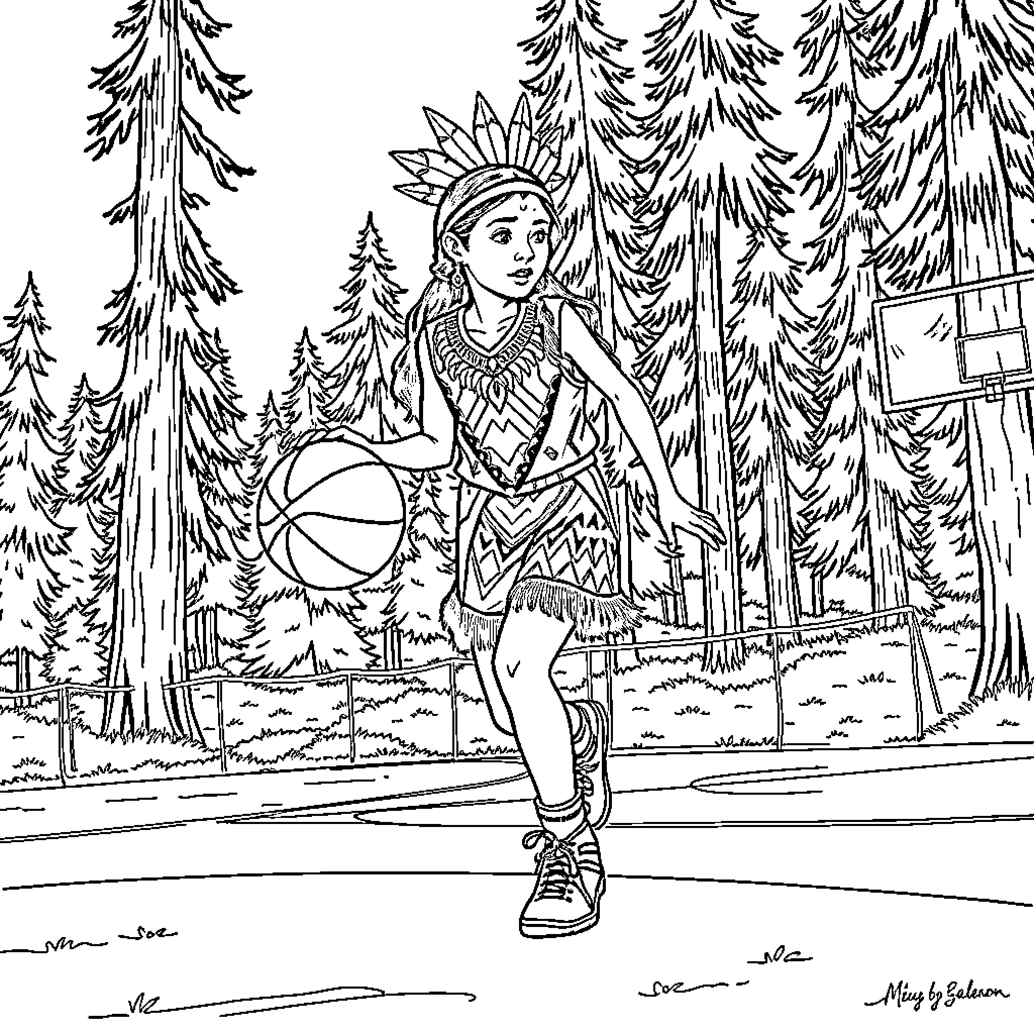 Native American Girl Playing Basketball in the Forest Coloring Page (free black-and-white line drawing printable PDF for all, from beginners to advanced learners, including children, teens, adults, and seniors)