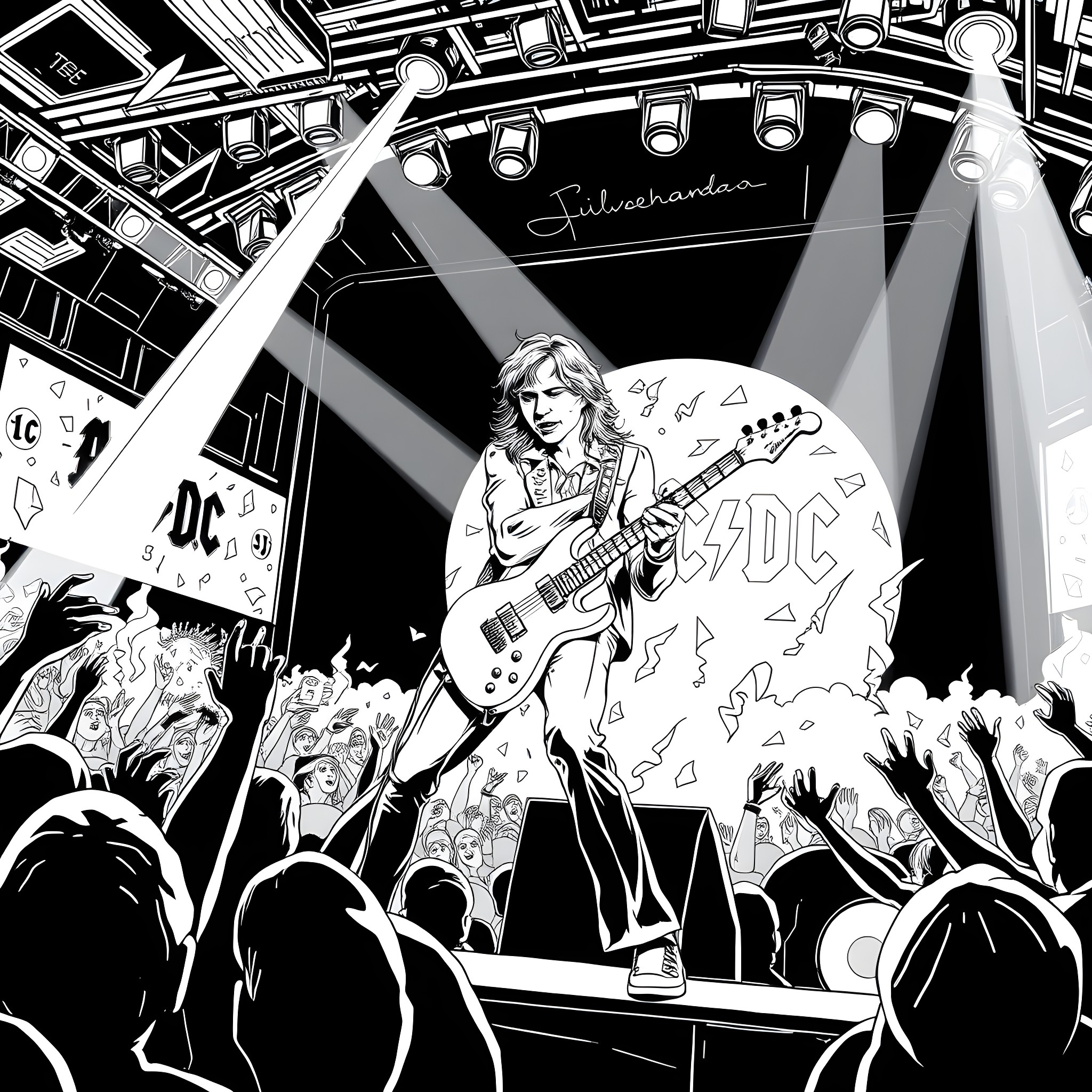 Johnny Silverhand rocking the stage with electric guitar Coloring Page (free black-and-white line drawing printable PDF for all, from beginners to advanced learners, including children, teens, adults, and seniors)