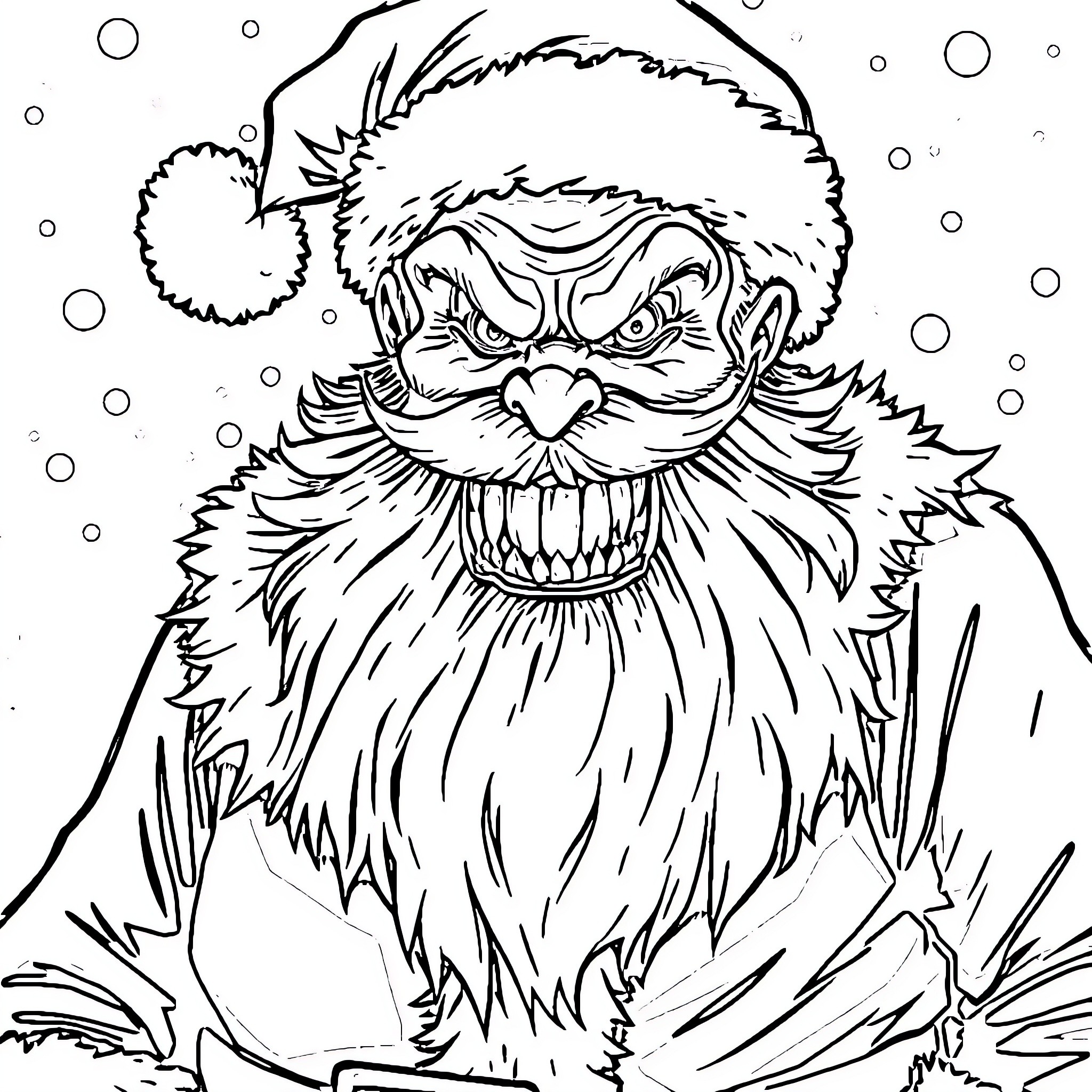 Santa's Mischievous Expression and Furry Attire Coloring Page (free black-and-white line drawing printable PDF for all, from beginners to advanced learners, including children, teens, adults, and seniors)