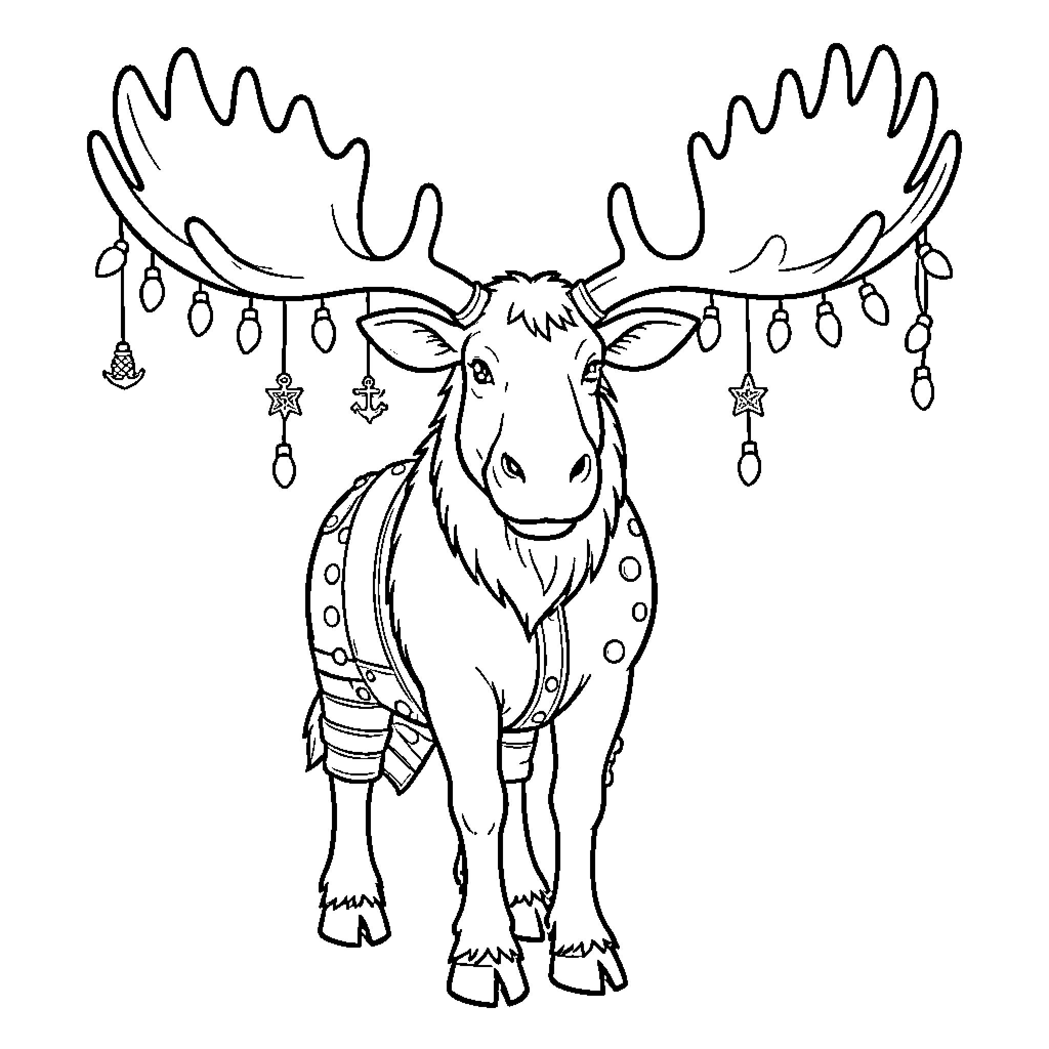 Moose wearing decorative ornaments and festive clothing Coloring Page (free black-and-white line drawing printable PDF for all, from beginners to advanced learners, including children, teens, adults, and seniors)