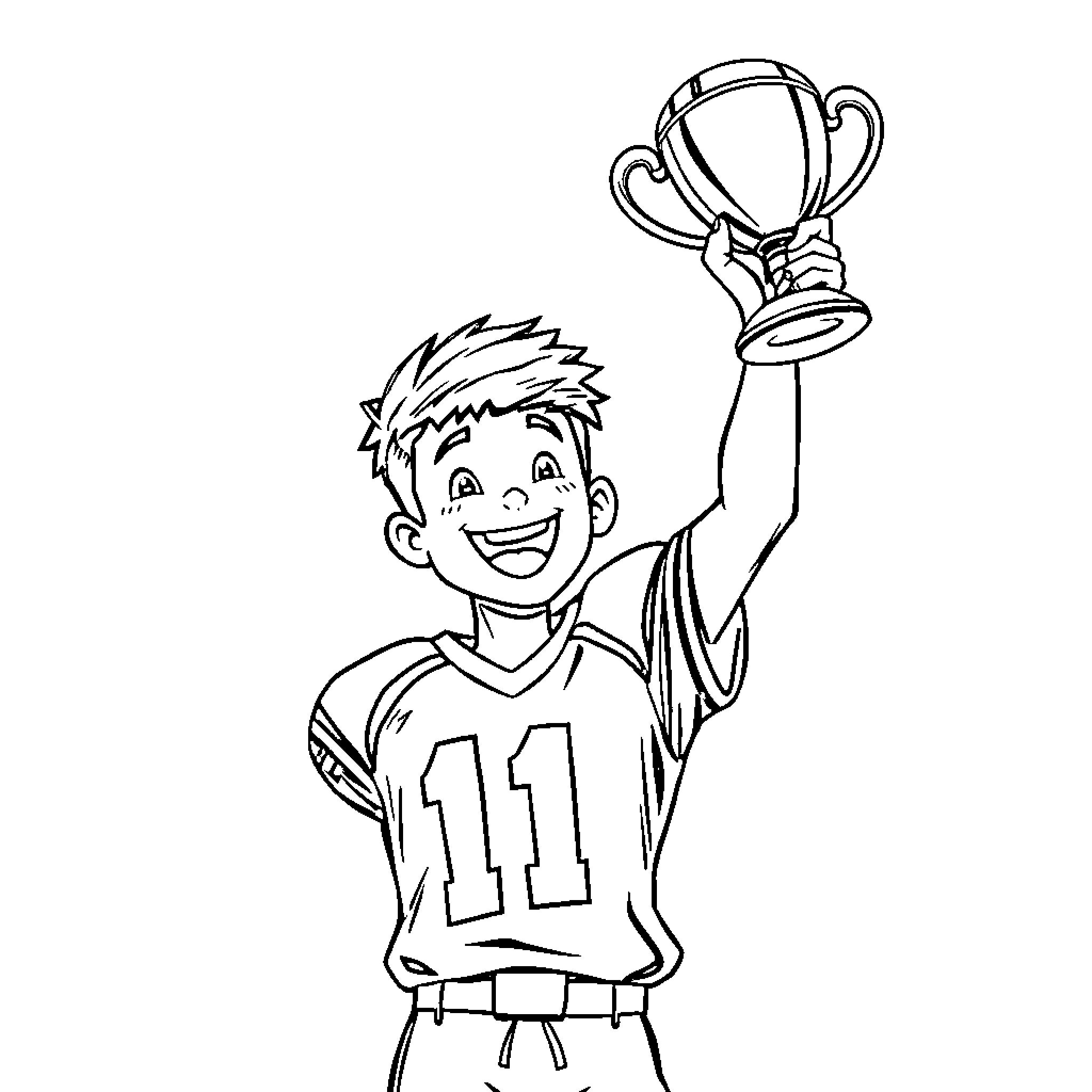 Football Player Celebrating Victory with Trophy Coloring Page (free black-and-white line drawing printable PDF for all, from beginners to advanced learners, including children, teens, adults, and seniors)