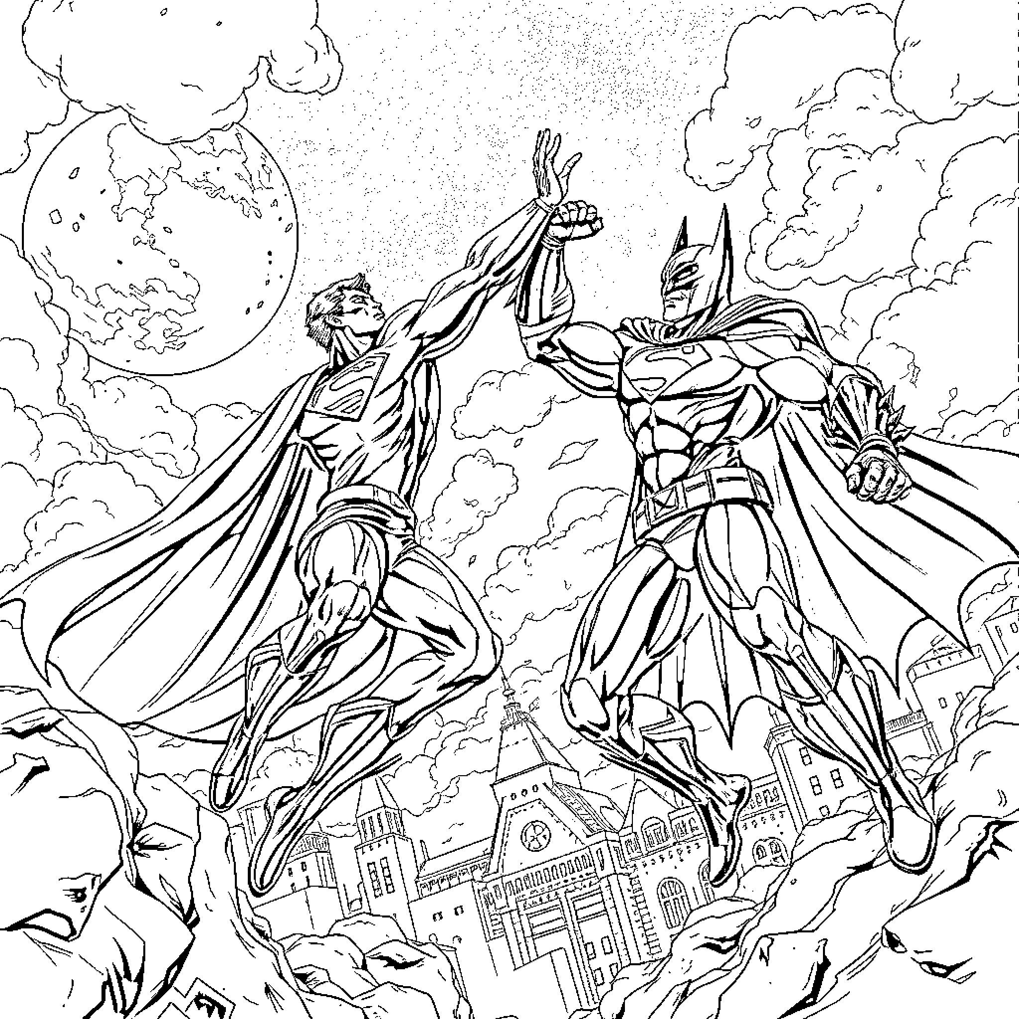 Superman and Batman in epic battle over the city Coloring Page (free black-and-white line drawing printable PDF for all, from beginners to advanced learners, including children, teens, adults, and seniors)