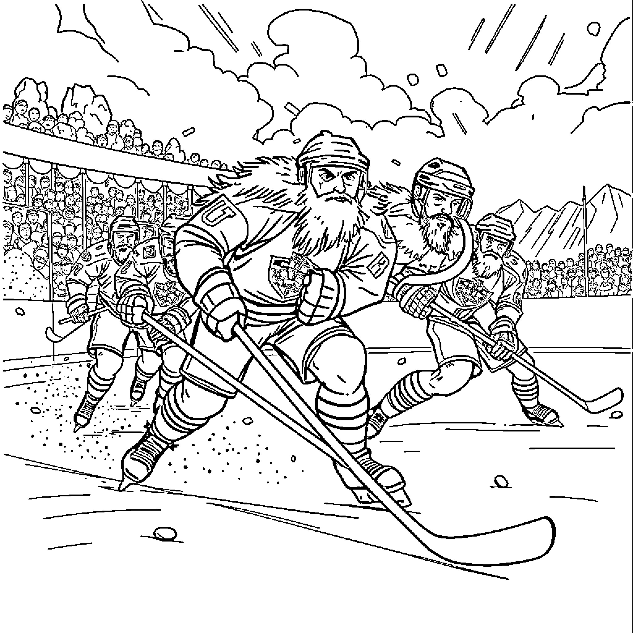Mammoth winter sports competition with athletes Coloring Page (free black-and-white line drawing printable PDF for all, from beginners to advanced learners, including children, teens, adults, and seniors)