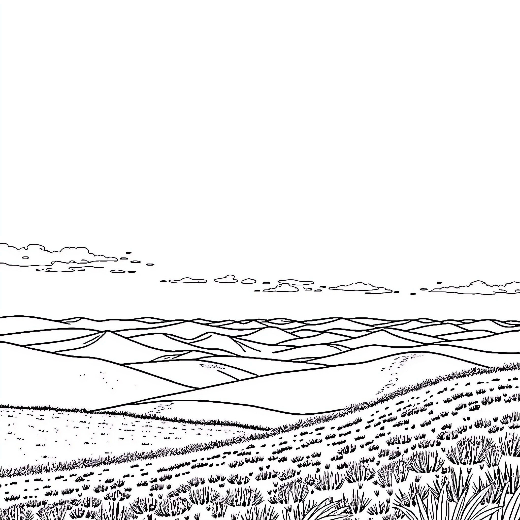 Landscape of rolling hills and countryside scenery Coloring Page (free black-and-white line drawing printable PDF for all, from beginners to advanced learners, including children, teens, adults, and seniors)