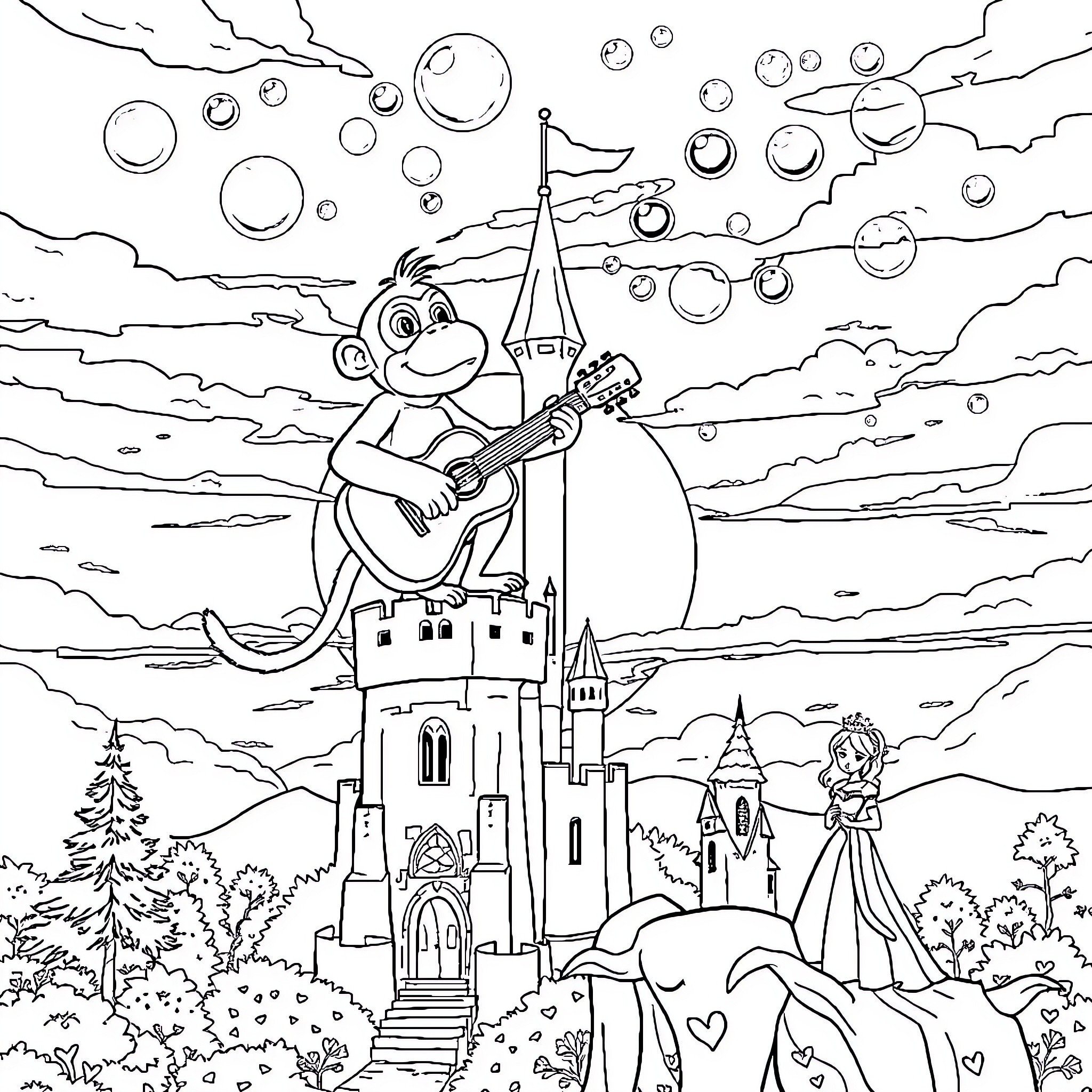 Monkey playing guitar in a fantasy castle landscape Coloring Page (free black-and-white line drawing printable PDF for all, from beginners to advanced learners, including children, teens, adults, and seniors)