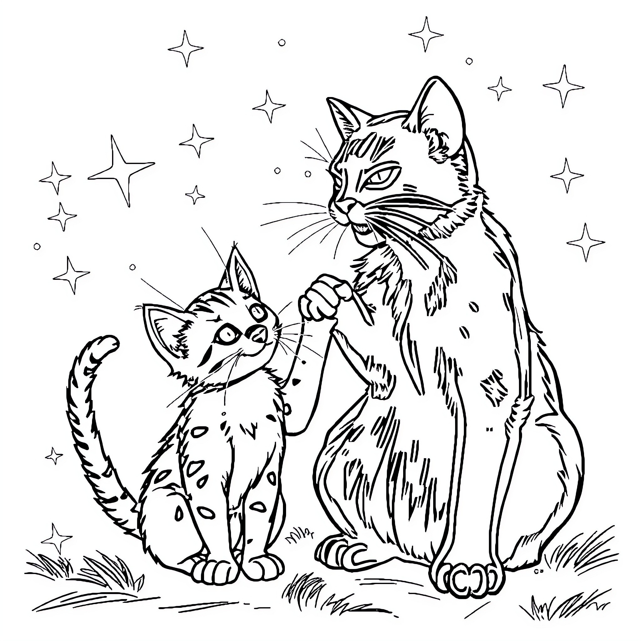 Perro cats playing under the stars Coloring Page (free black-and-white line drawing printable PDF for all, from beginners to advanced learners, including children, teens, adults, and seniors)