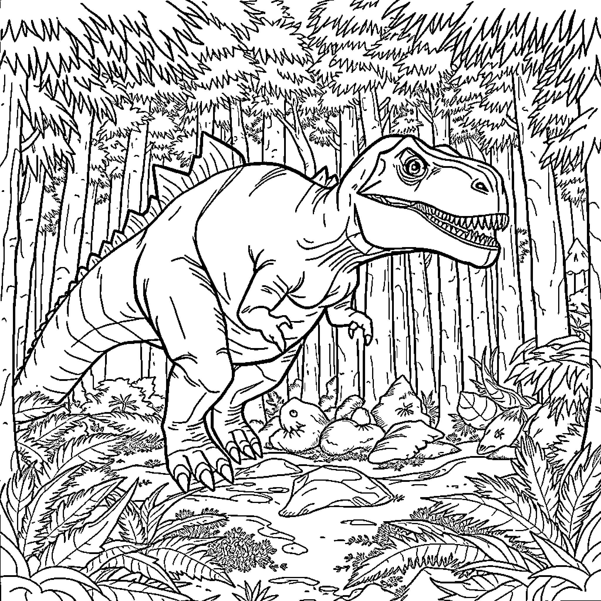 Dinosaur Guarding Nest in Lush Forest Coloring Page (free black-and-white line drawing printable PDF for all, from beginners to advanced learners, including children, teens, adults, and seniors)