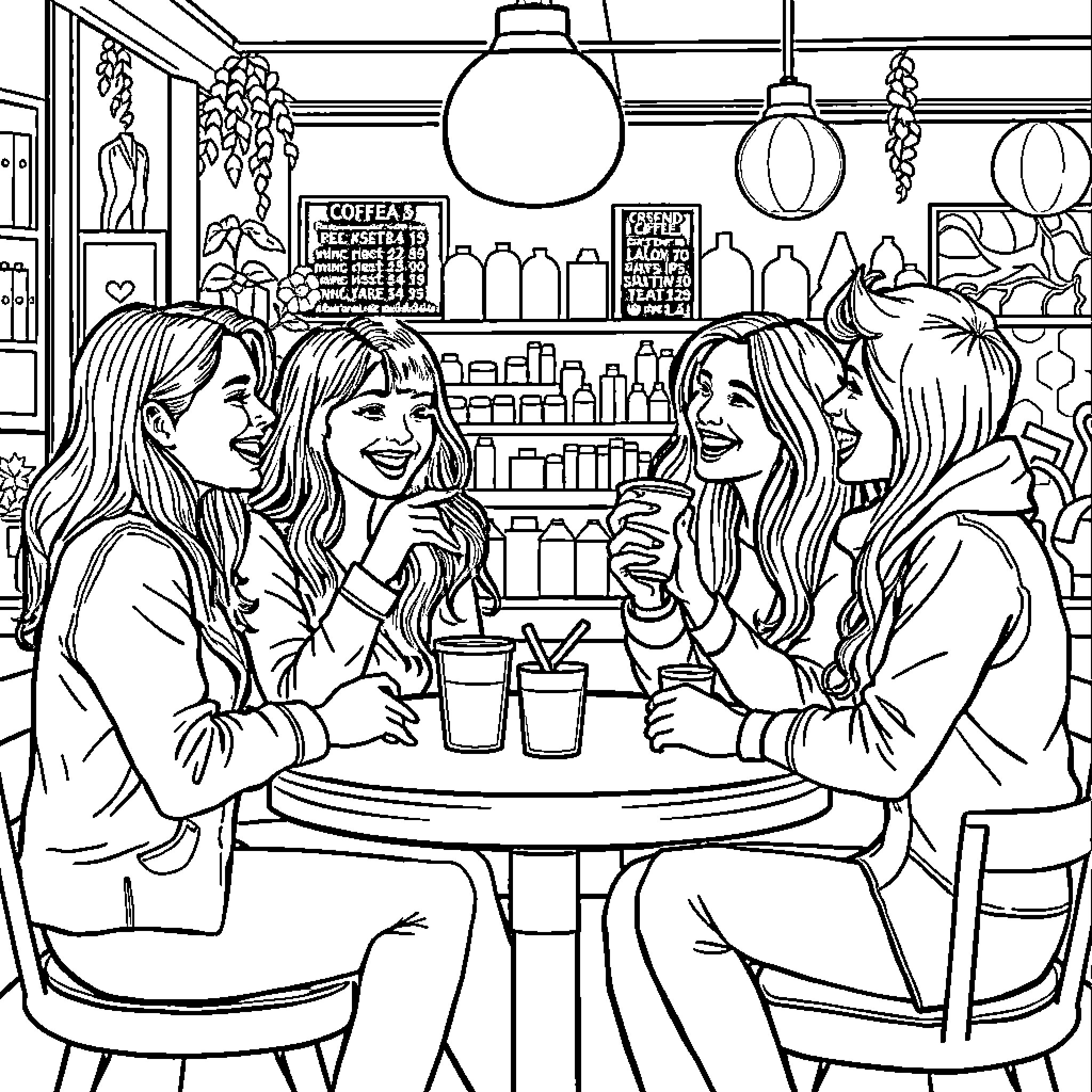 Friends enjoying drinks at a cozy cafe Coloring Page (free black-and-white line drawing printable PDF for all, from beginners to advanced learners, including children, teens, adults, and seniors)
