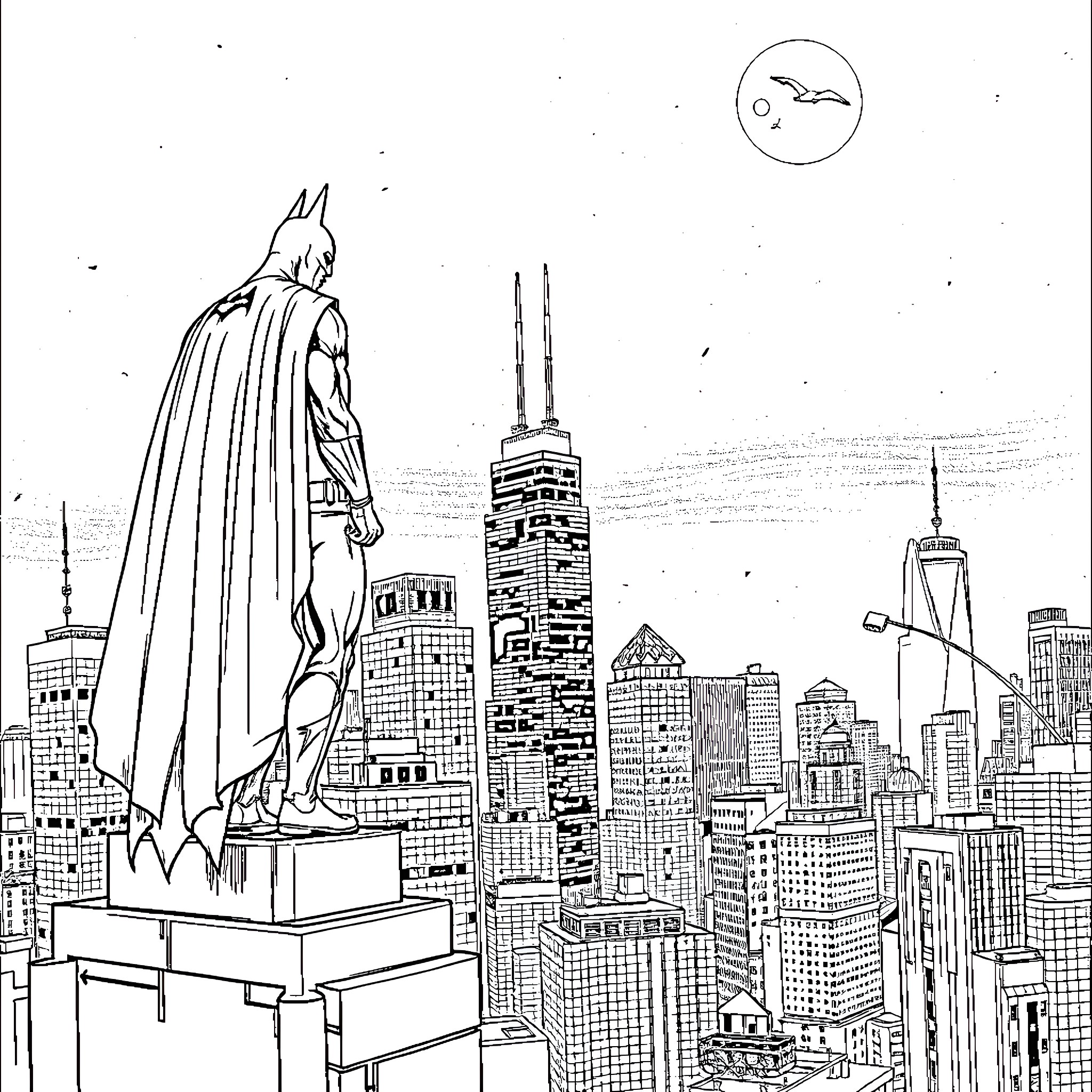 Batman overlooking the city skyline Coloring Page (free black-and-white line drawing printable PDF for all, from beginners to advanced learners, including children, teens, adults, and seniors)