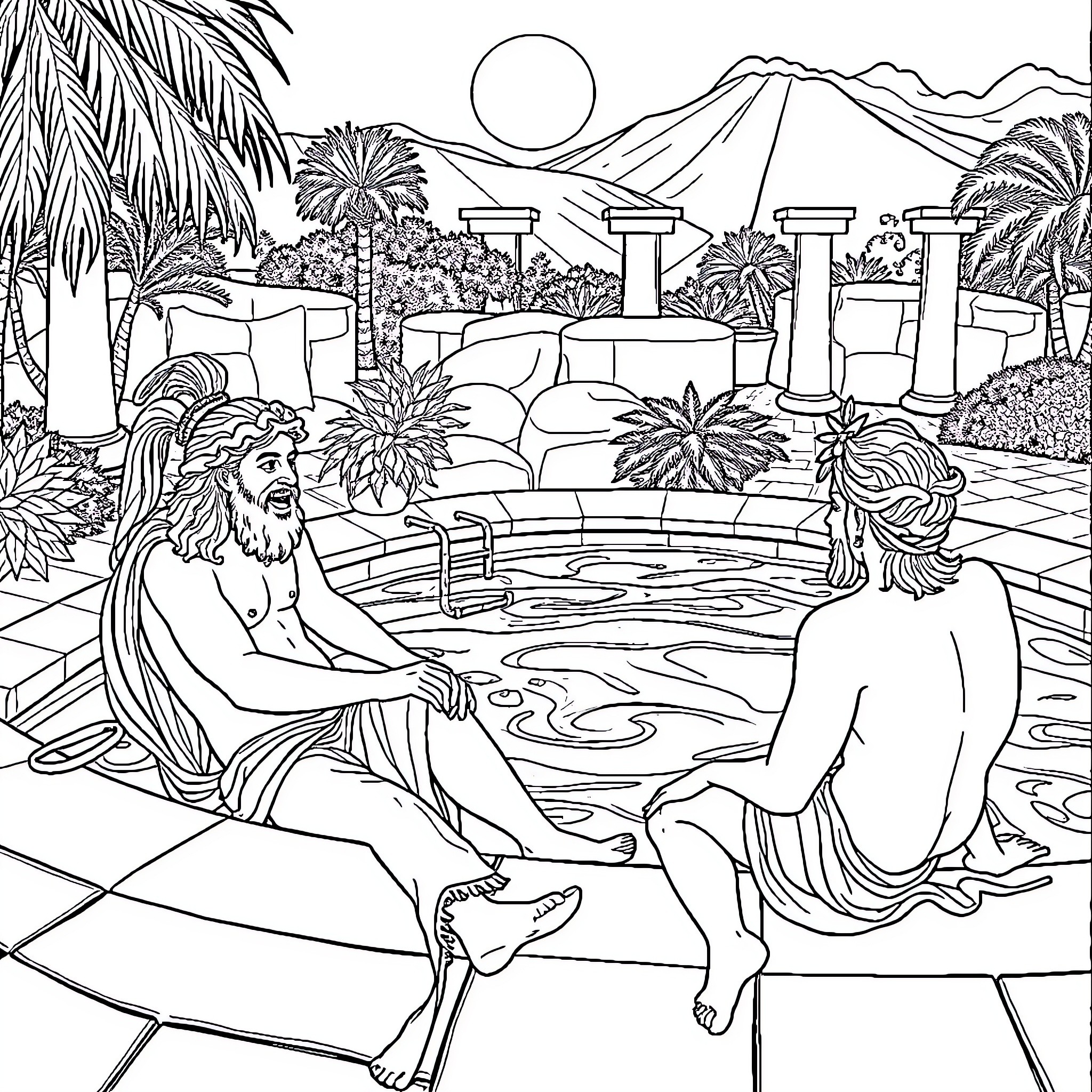 Greek God's Mythical Oasis Coloring Page (free black-and-white line drawing printable PDF for all, from beginners to advanced learners, including children, teens, adults, and seniors)