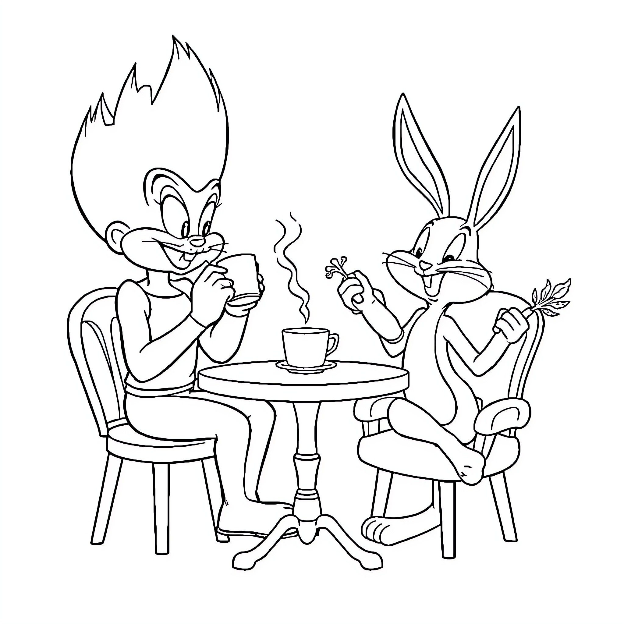 Vegeta Characters Enjoying Refreshments Together Coloring Page (free black-and-white line drawing printable PDF for all, from beginners to advanced learners, including children, teens, adults, and seniors)