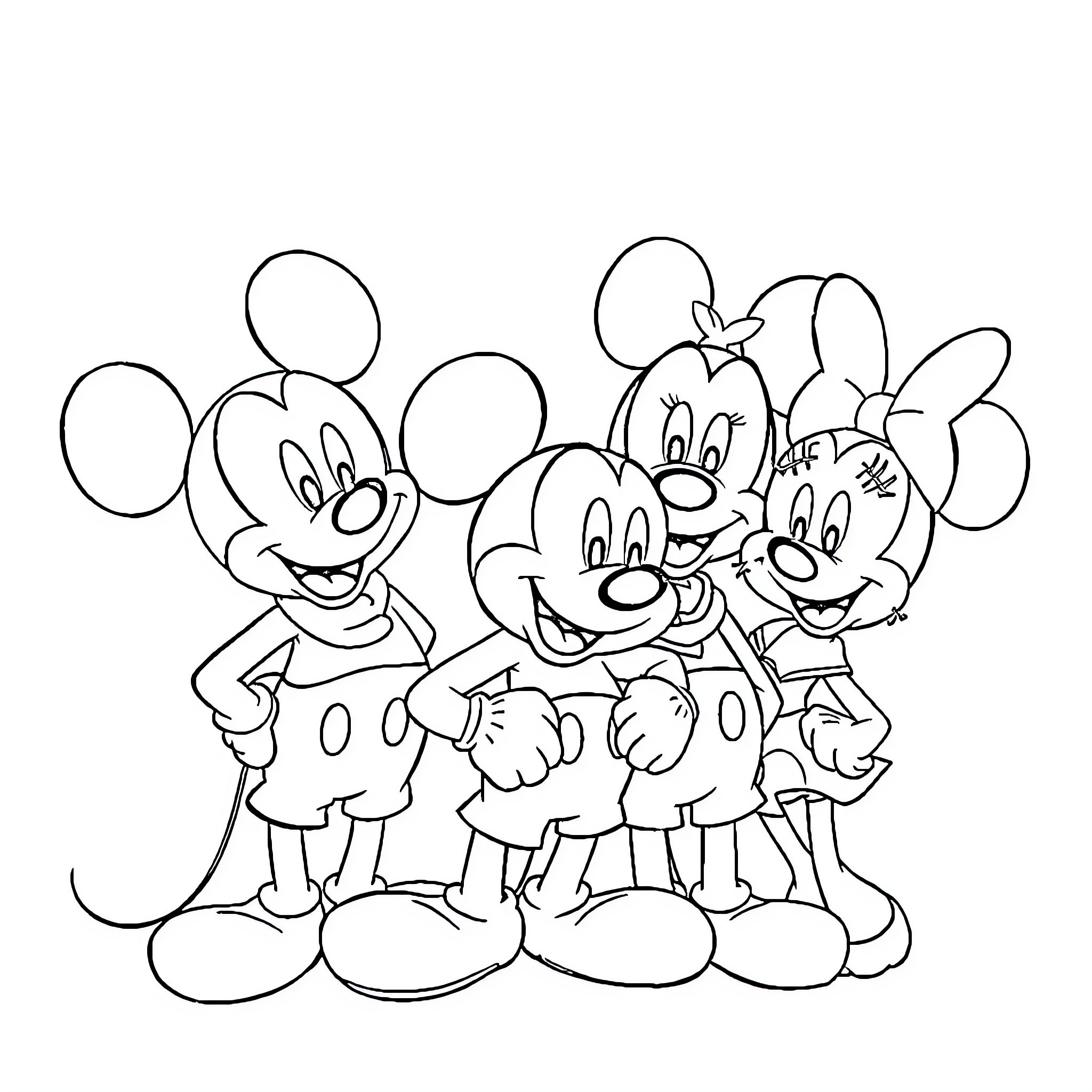 Mickey Mouse and friends having fun together Coloring Page (free black-and-white line drawing printable PDF for all, from beginners to advanced learners, including children, teens, adults, and seniors)