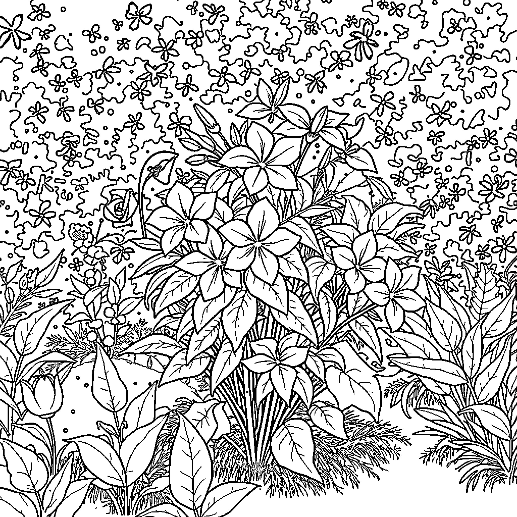 Grandma's Enchanting Garden Retreat Coloring Page (free black-and-white line drawing printable PDF for all, from beginners to advanced learners, including children, teens, adults, and seniors)