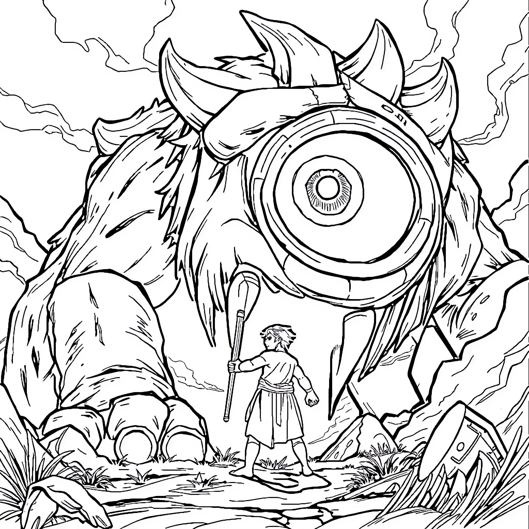 Ulysses Confronts a Colossal Cyclops Coloring Page (free black-and-white line drawing printable PDF for all, from beginners to advanced learners, including children, teens, adults, and seniors)