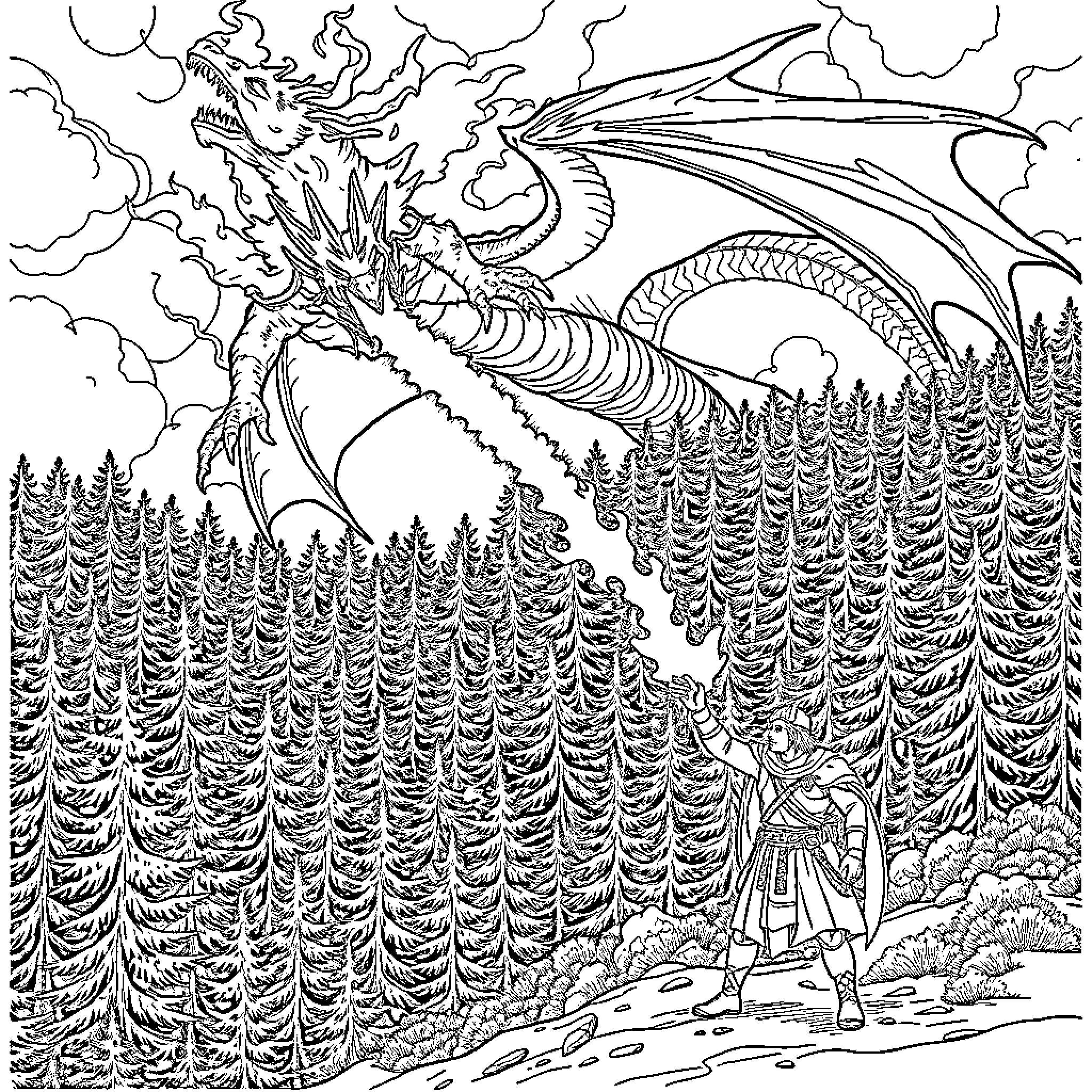 Dragon soaring over a magical forest landscape Coloring Page (free black-and-white line drawing printable PDF for all, from beginners to advanced learners, including children, teens, adults, and seniors)