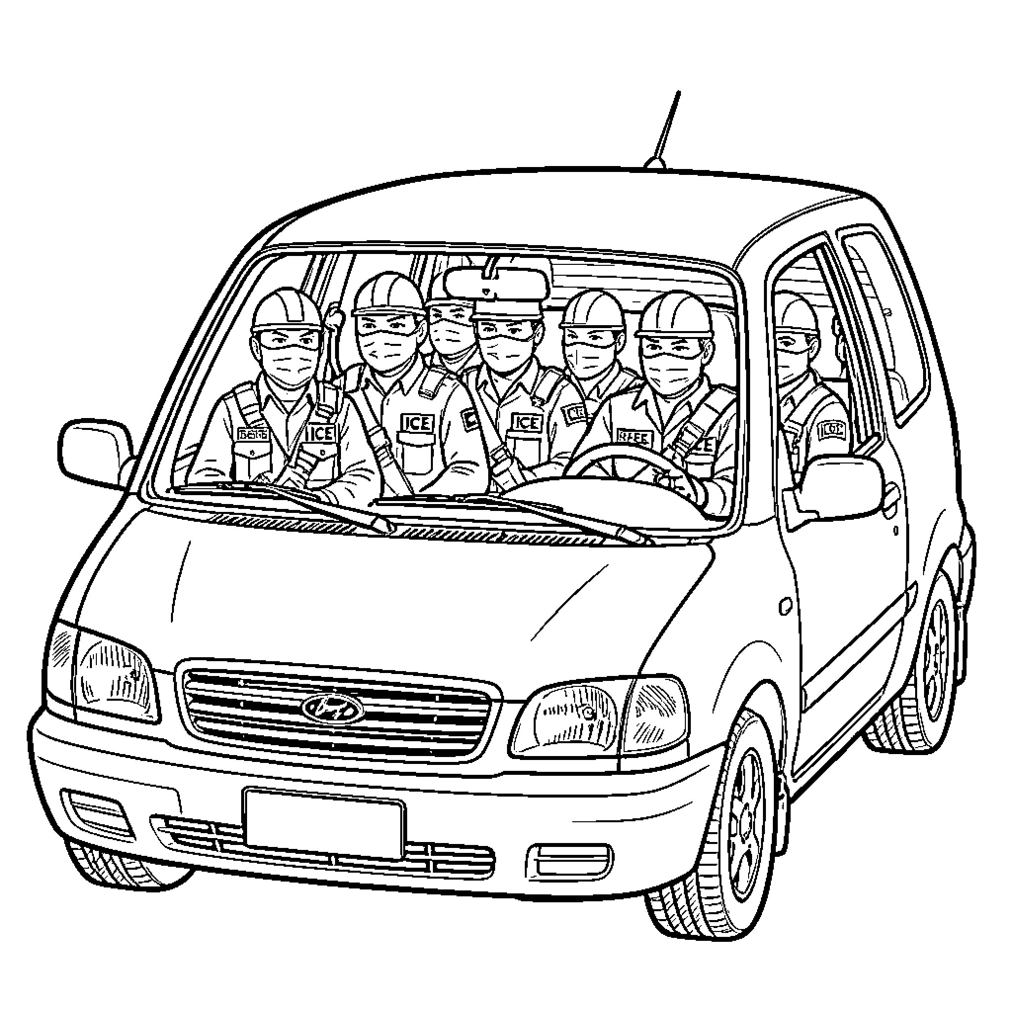 Ice Agent Group Travel in Utility Vehicle Coloring Page (free black-and-white line drawing printable PDF for all, from beginners to advanced learners, including children, teens, adults, and seniors)