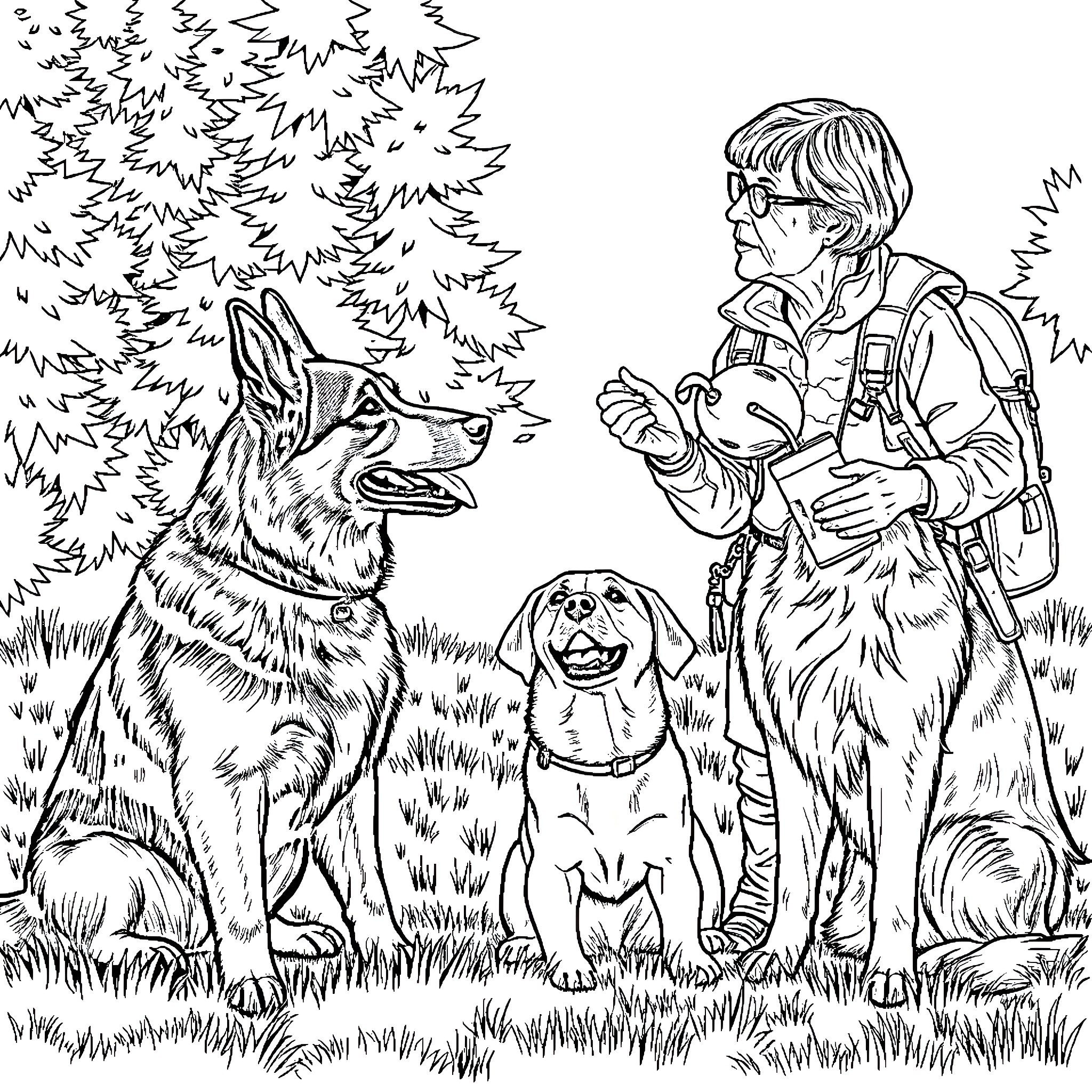 Dog and owner exploring the forest together Coloring Page (free black-and-white line drawing printable PDF for all, from beginners to advanced learners, including children, teens, adults, and seniors)