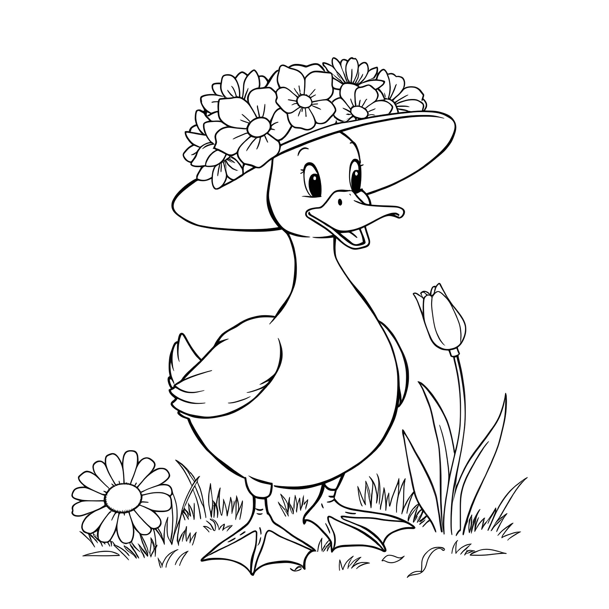 Duck with Floral Hat in Meadow Coloring Page (free black-and-white line drawing printable PDF for all, from beginners to advanced learners, including children, teens, adults, and seniors)