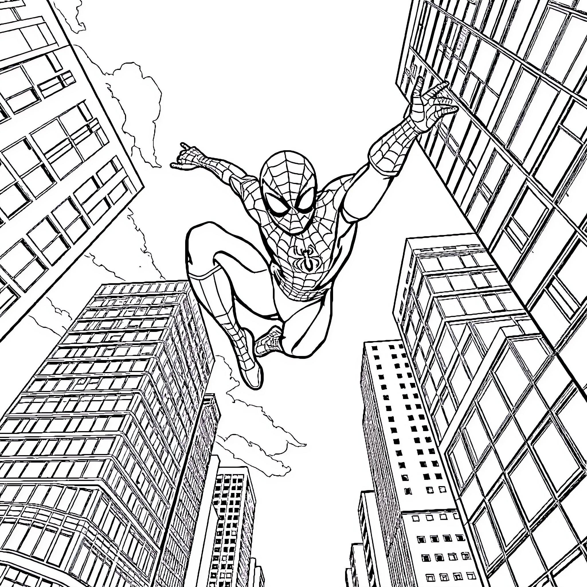 Spiderman swinging through the city skyscrapers Coloring Page (free black-and-white line drawing printable PDF for all, from beginners to advanced learners, including children, teens, adults, and seniors)