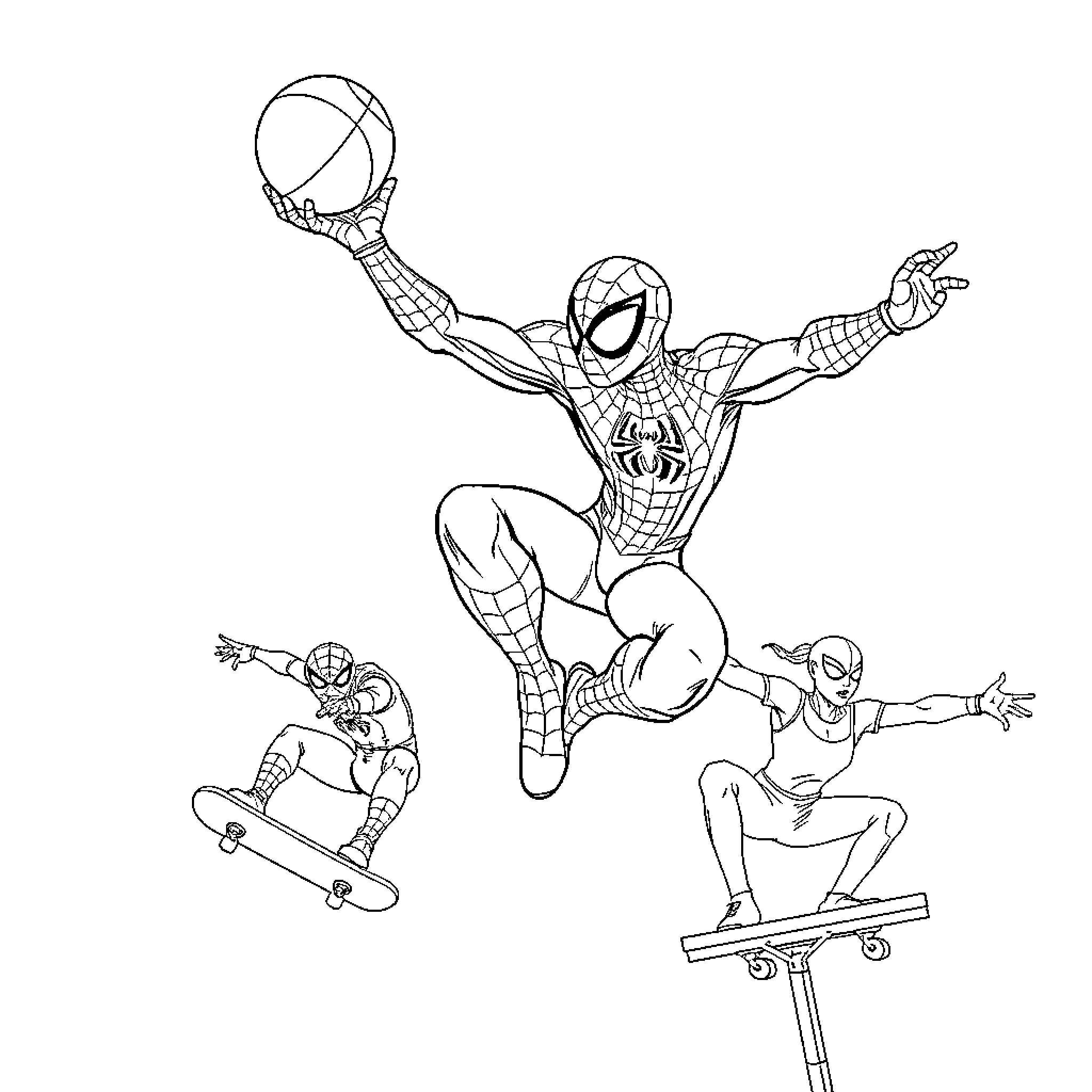 Spider-Man swinging and skateboarding in action Coloring Page (free black-and-white line drawing printable PDF for all, from beginners to advanced learners, including children, teens, adults, and seniors)