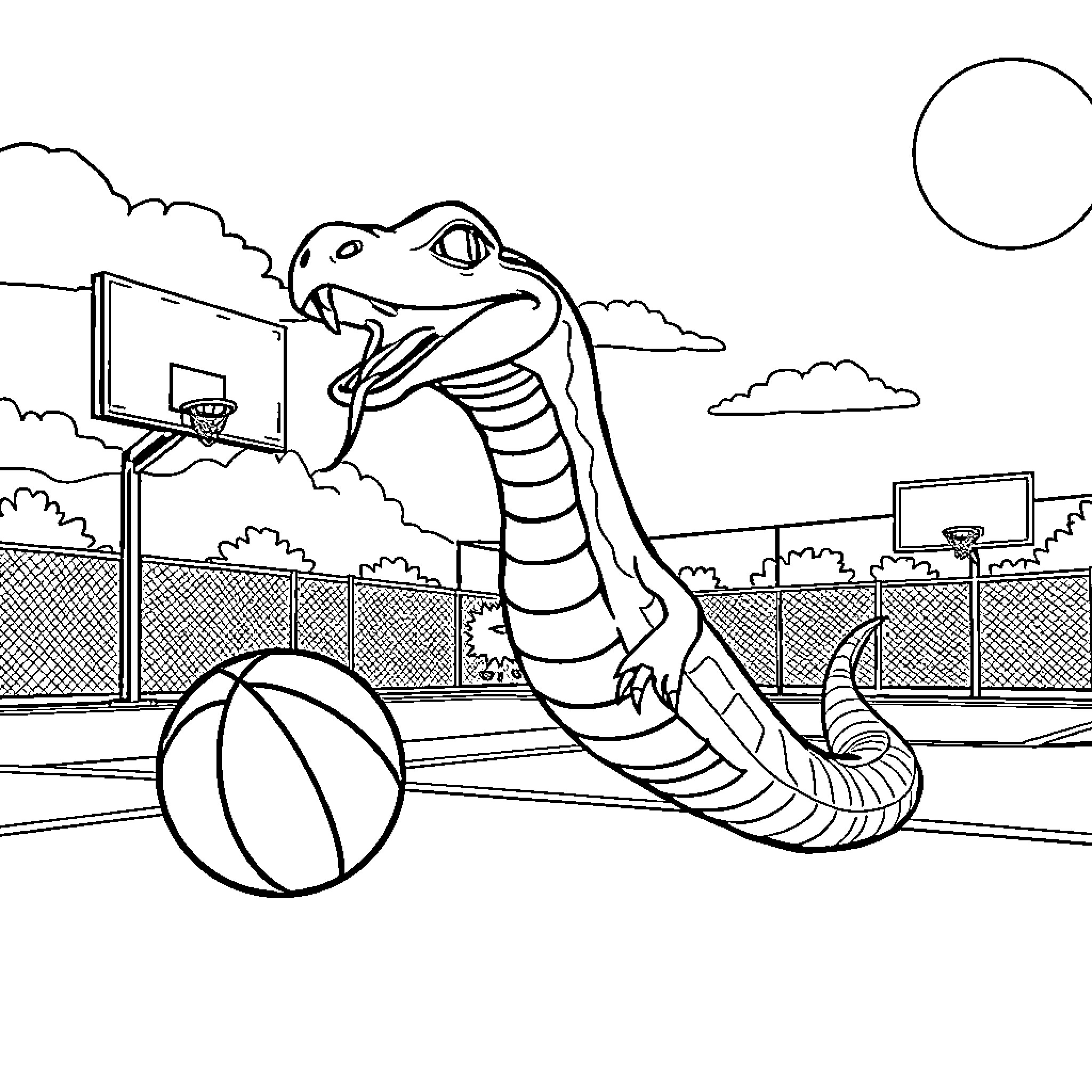 Snake Playing Basketball on the Court Coloring Page (free black-and-white line drawing printable PDF for all, from beginners to advanced learners, including children, teens, adults, and seniors)