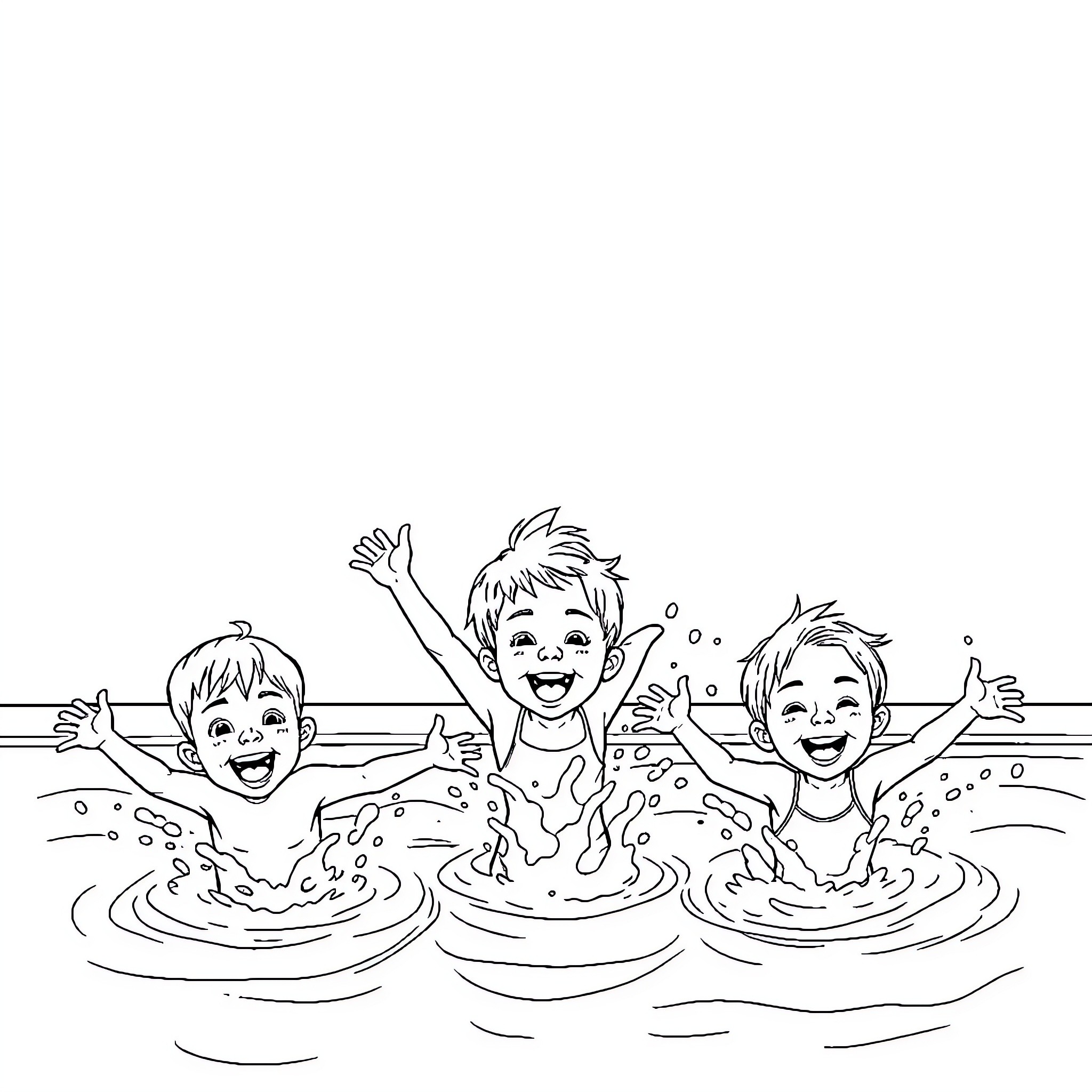 Kids splashing happily in the water Coloring Page (free black-and-white line drawing printable PDF for all, from beginners to advanced learners, including children, teens, adults, and seniors)