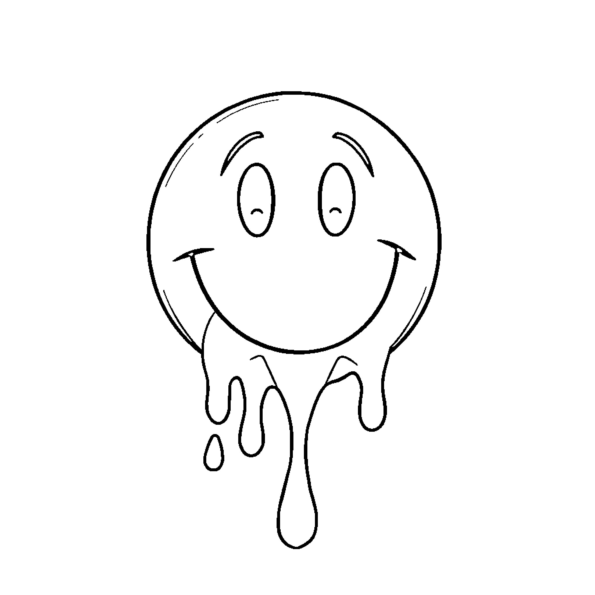 Smiley Face with Dripping Expression Coloring Page (free black-and-white line drawing printable PDF for all, from beginners to advanced learners, including children, teens, adults, and seniors)