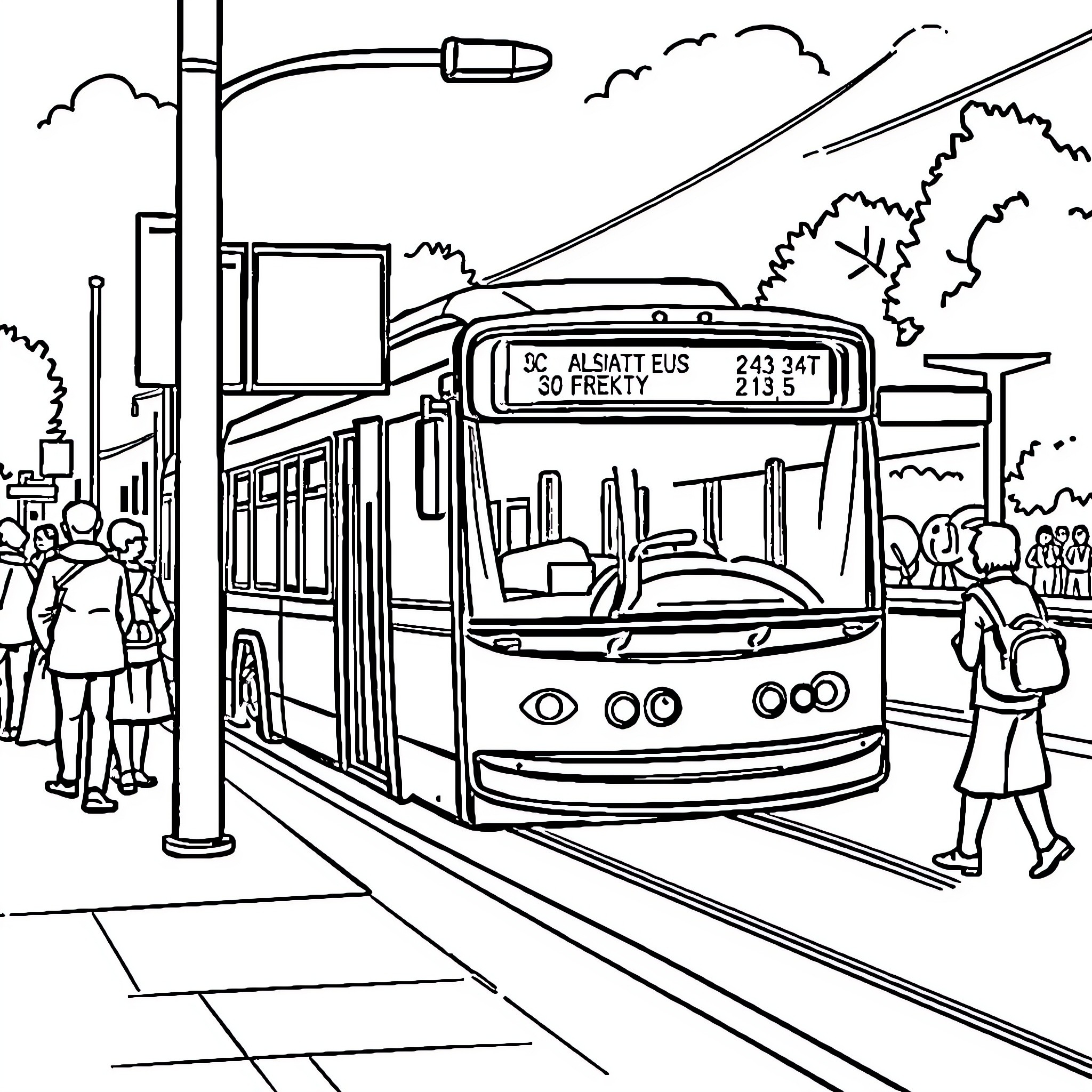 Car transporting people in urban setting Coloring Page (free black-and-white line drawing printable PDF for all, from beginners to advanced learners, including children, teens, adults, and seniors)