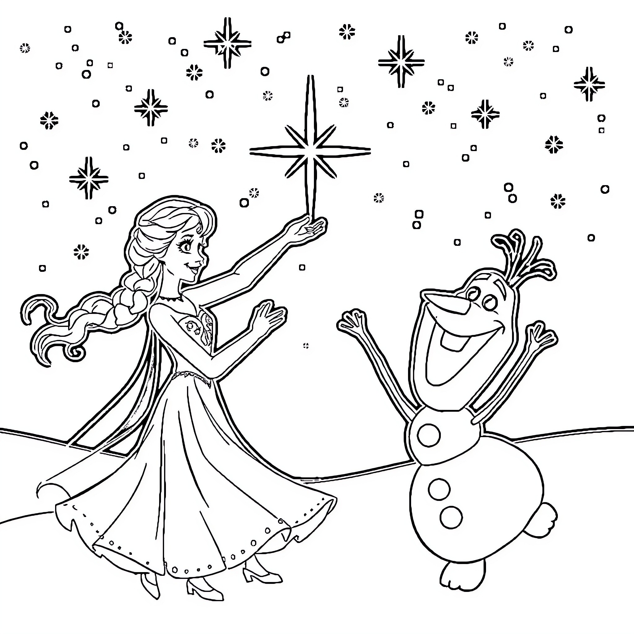Elsa and Olaf enjoying the winter wonderland Coloring Page (free black-and-white line drawing printable PDF for all, from beginners to advanced learners, including children, teens, adults, and seniors)