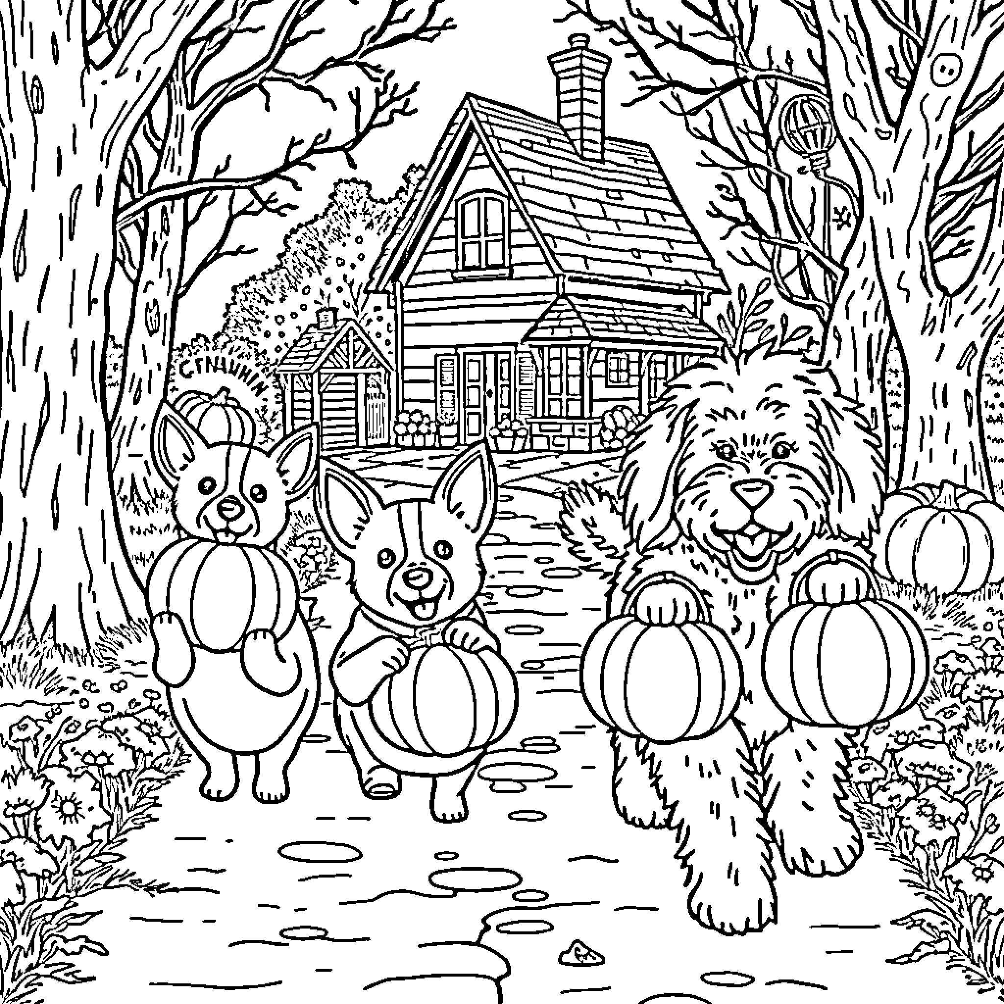 Corgi pups and dog exploring forest with cottage Coloring Page (free black-and-white line drawing printable PDF for all, from beginners to advanced learners, including children, teens, adults, and seniors)