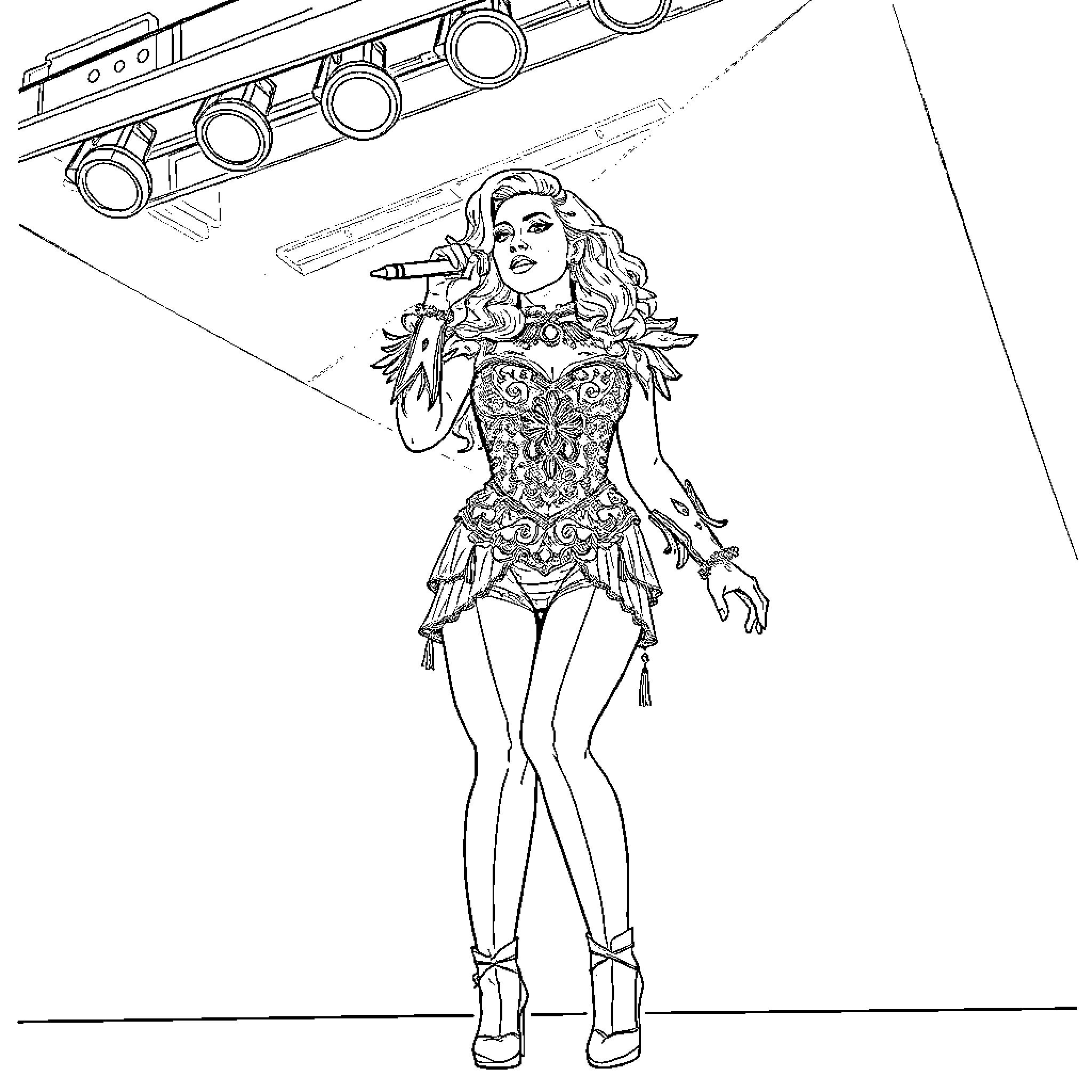 Lady Gaga's Outrageous Stage Costume Performance Coloring Page (free black-and-white line drawing printable PDF for all, from beginners to advanced learners, including children, teens, adults, and seniors)