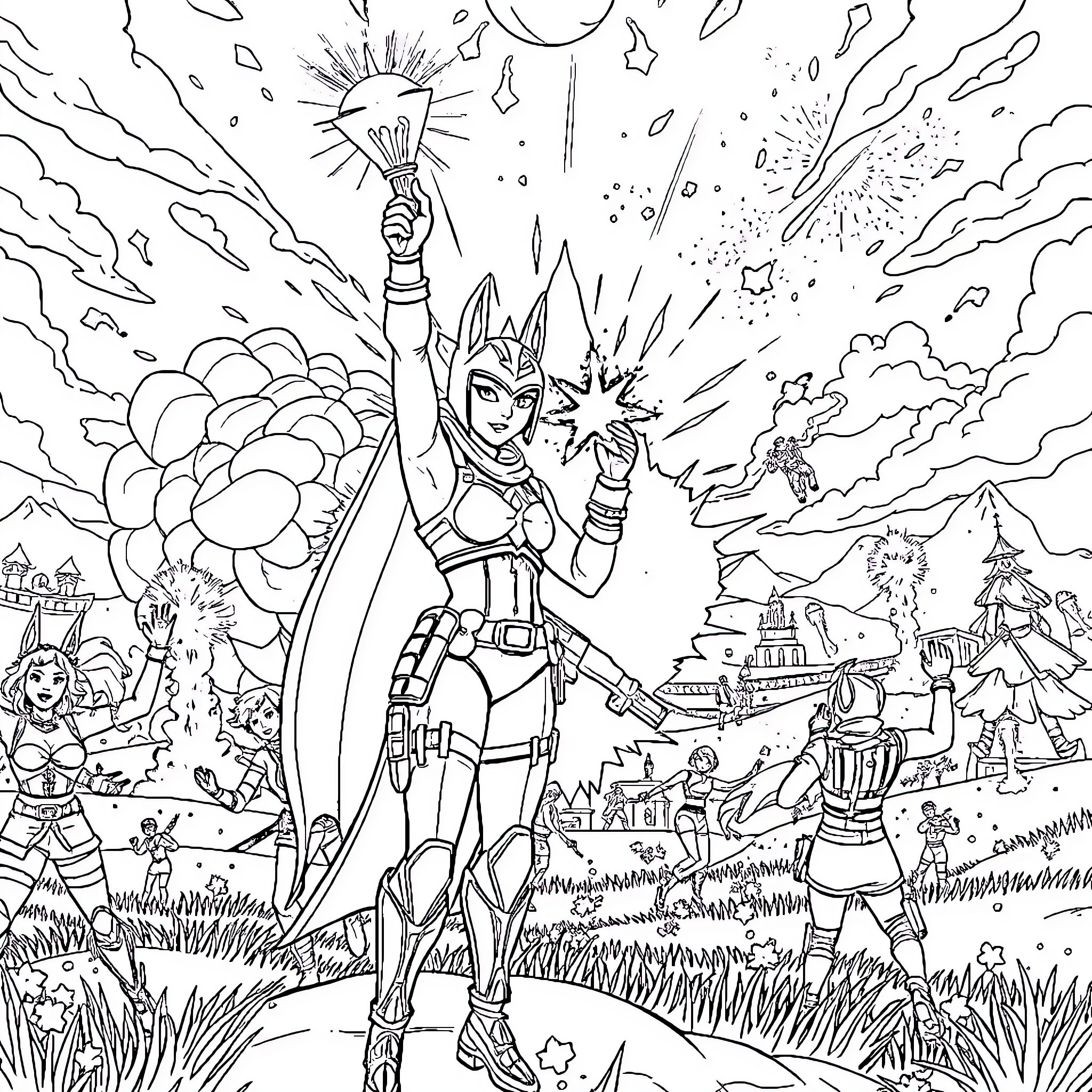 Misty Knight's heroic actions in a fantastical scene Coloring Page (free black-and-white line drawing printable PDF for all, from beginners to advanced learners, including children, teens, adults, and seniors)