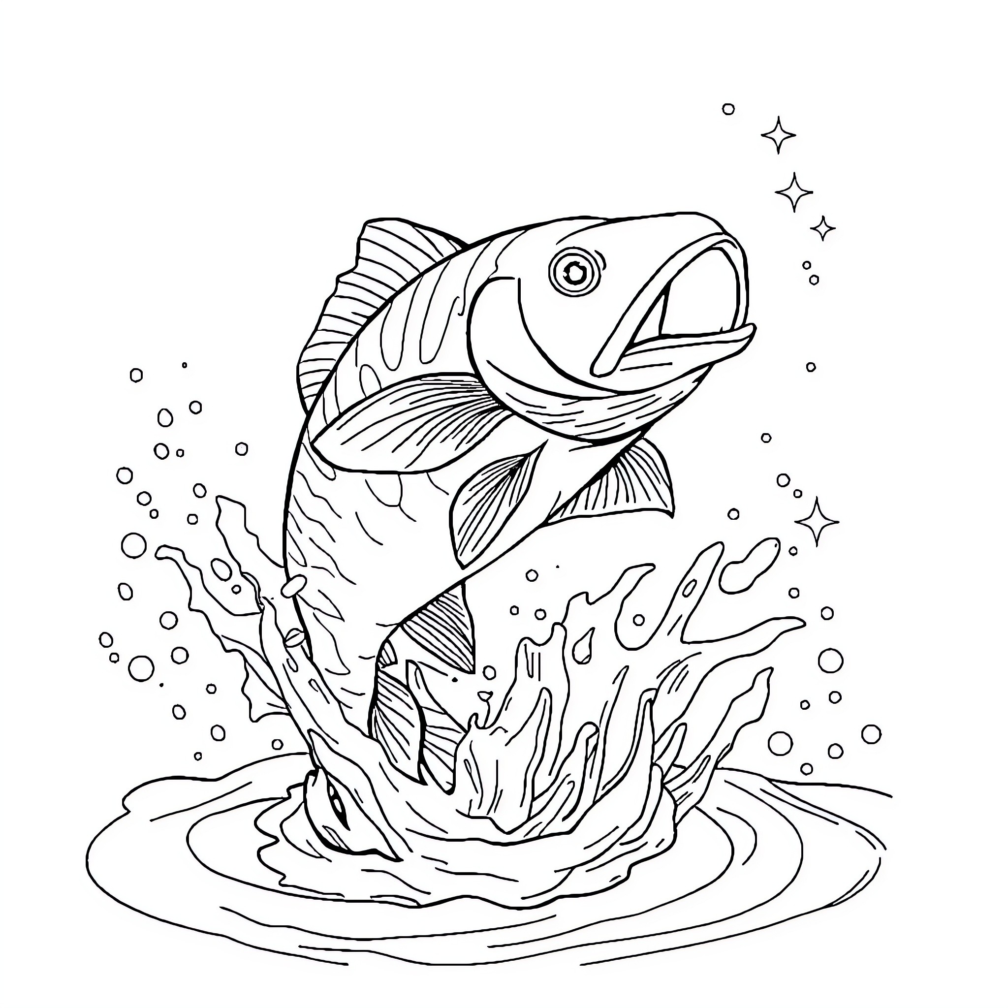 Fish jumping out of water with splashes Coloring Page (free black-and-white line drawing printable PDF for all, from beginners to advanced learners, including children, teens, adults, and seniors)