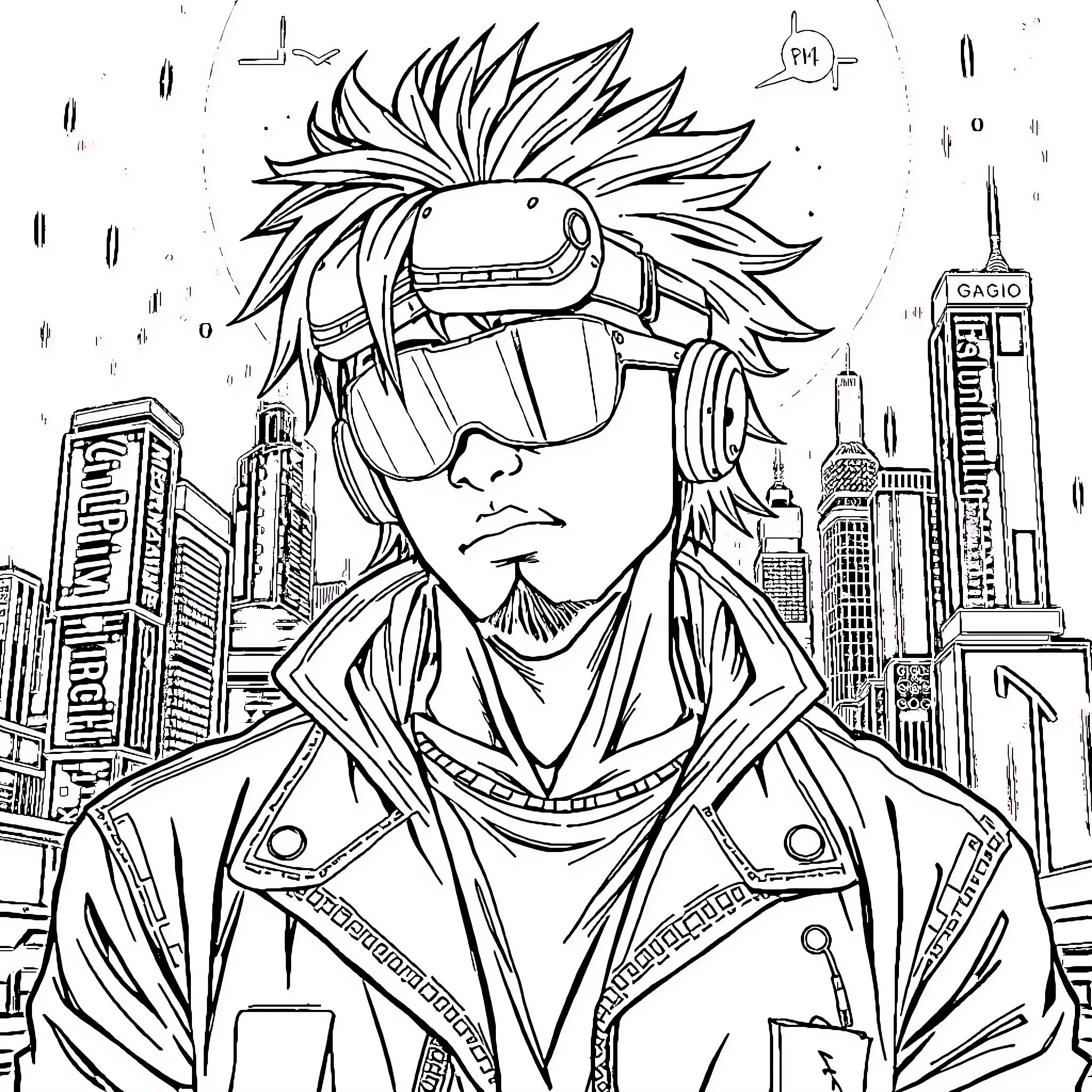Gojo in a Futuristic City Setting Coloring Page (free black-and-white line drawing printable PDF for all, from beginners to advanced learners, including children, teens, adults, and seniors)