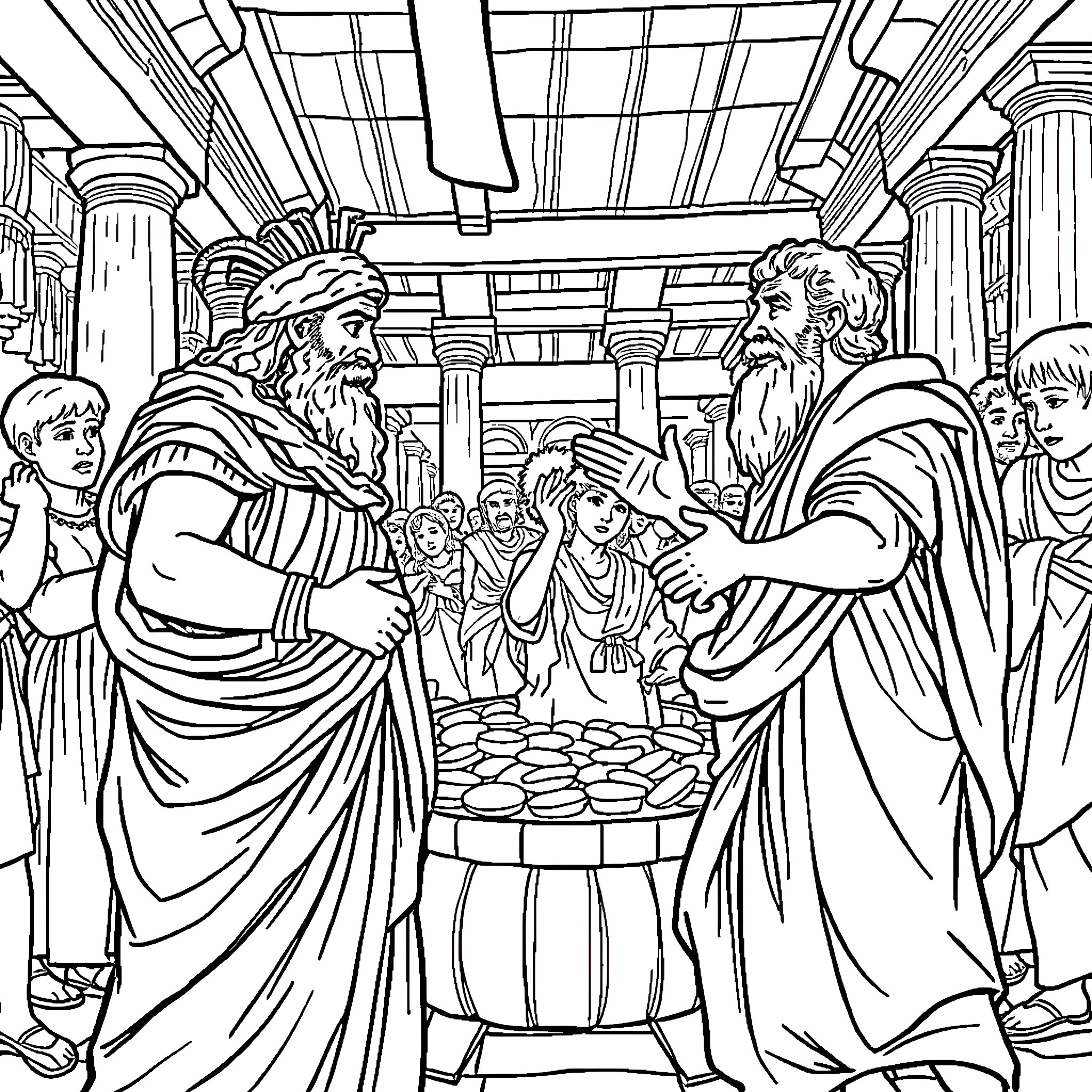 Thespis Entertains the Athenian Assembly Coloring Page (free black-and-white line drawing printable PDF for all, from beginners to advanced learners, including children, teens, adults, and seniors)