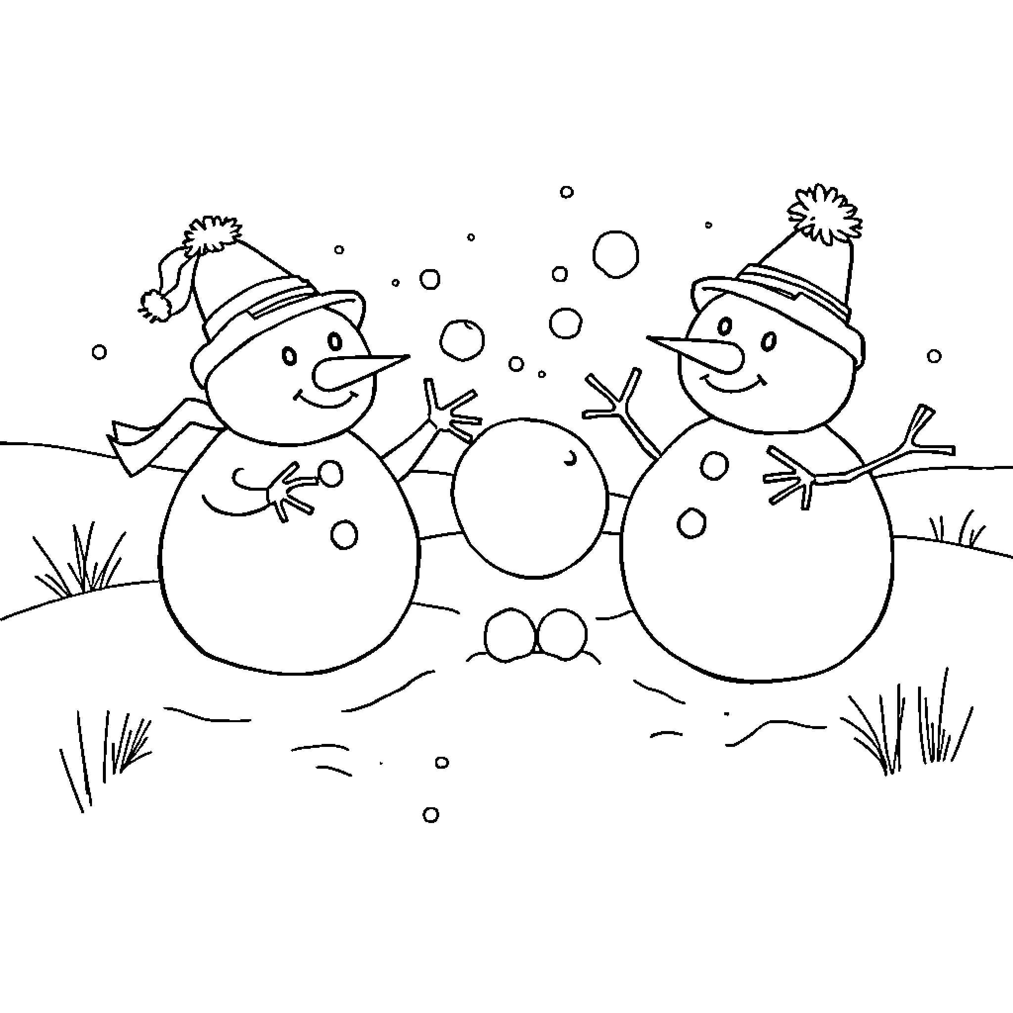 Snowman enjoying winter with friends Coloring Page (free black-and-white line drawing printable PDF for all, from beginners to advanced learners, including children, teens, adults, and seniors)